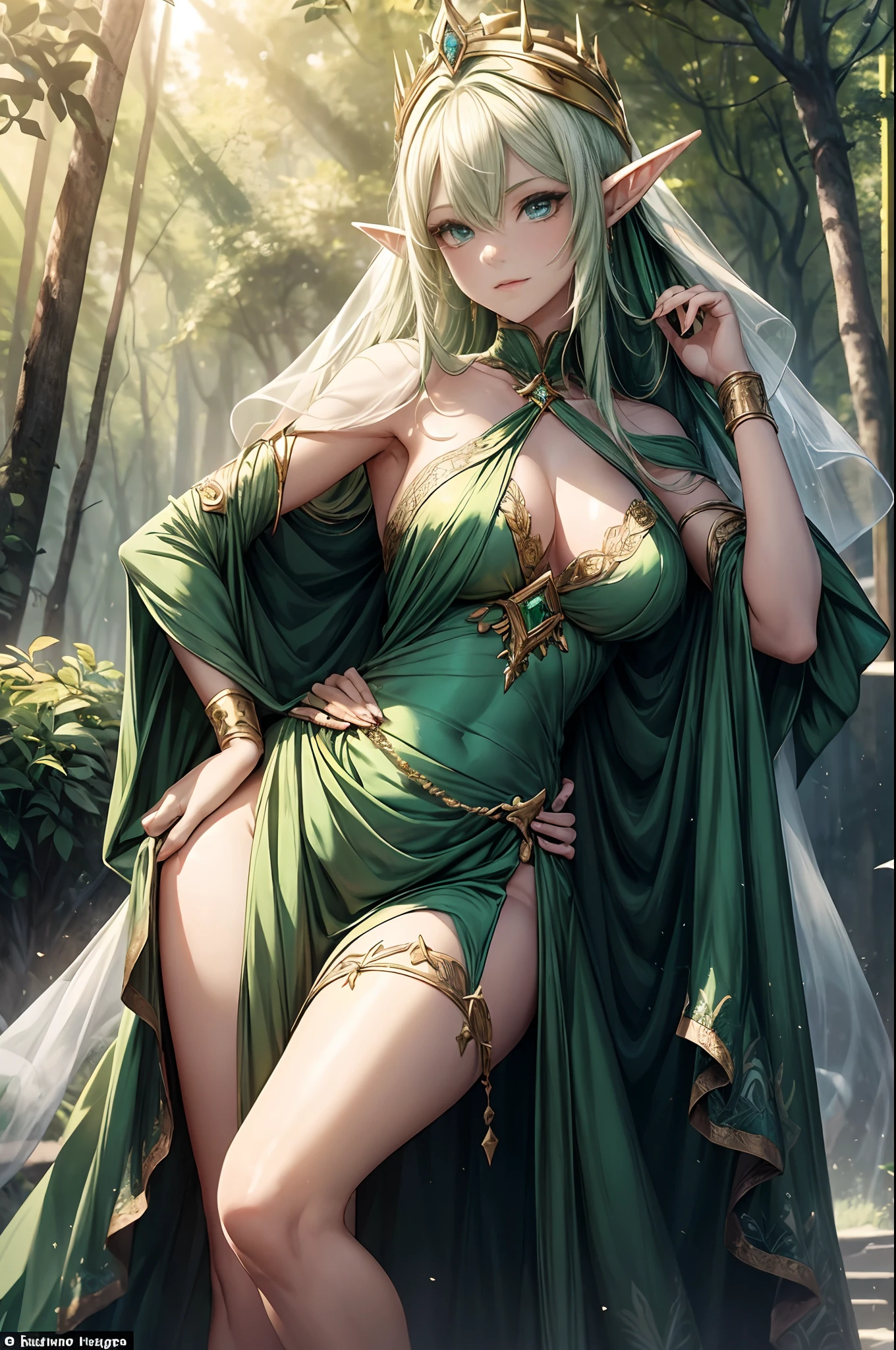 (obra-prima, melhor qualidade: 1.3), An elf with very pointed and large ears, golden crown, green hair, one hand is on her waist, With a silk veil on her face, delicate skin, sheer white silk dress, thick legs, magical forest in the background, sunny day