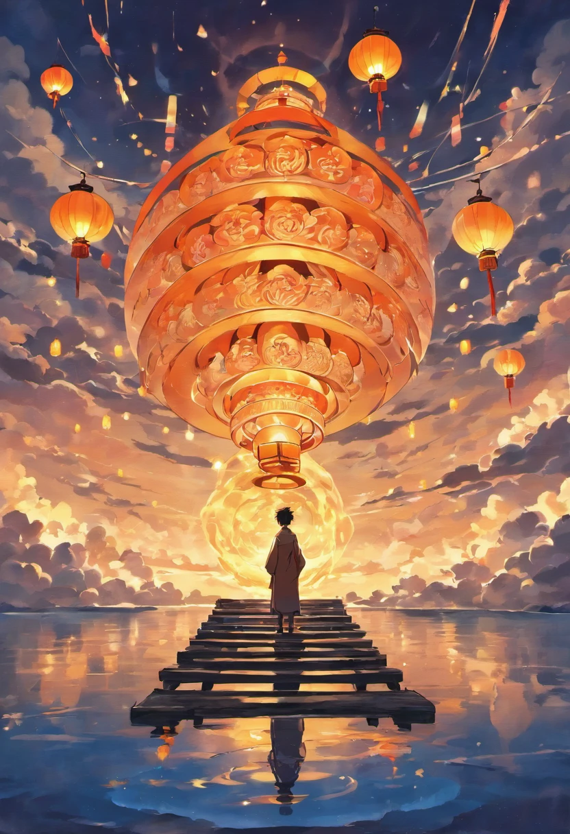 Floating lights, cinematic light and reflections, Glowing lights, Intermediate metaverse elements,Digital painting, glowing reflections, 4 MOON CAKE, Pondering, Floating lanterns, calm evening, Digital illustration, beautiful ambiance, Sky lights at night, serene evening atmosphere, Floating lanterns, (Kongming Lantern), the night, themoon, game scenes, Ancient Chinese palaces are located above the clouds, surrounded by cloud, Homem-Imponente, glazed tiles, BUDDHA STATUE, gorgeous color, In the foreground are three arches((Color ink)), ( (Splash ink ) ), ((Splash ink) ink})), tmasterpiece, high qulity, Beautiful graphics, high detal