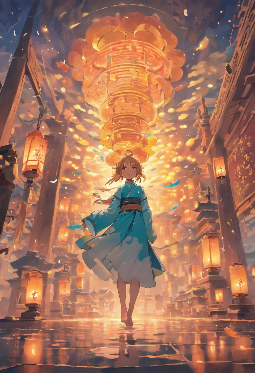 Floating lights, cinematic light and reflections, Glowing lights, Intermediate metaverse elements,Digital painting, glowing reflections, 4 MOON CAKE, Pondering, Floating lanterns, calm evening, Digital illustration, beautiful ambiance, Sky lights at night, serene evening atmosphere, Floating lanterns, (Kongming Lantern), the night, themoon, game scenes, Ancient Chinese palaces are located above the clouds, surrounded by cloud, Homem-Imponente, glazed tiles, BUDDHA STATUE, gorgeous color, In the foreground are three arches((Color ink)), ( (Splash ink ) ), ((Splash ink) ink})), tmasterpiece, high qulity, Beautiful graphics, high detal