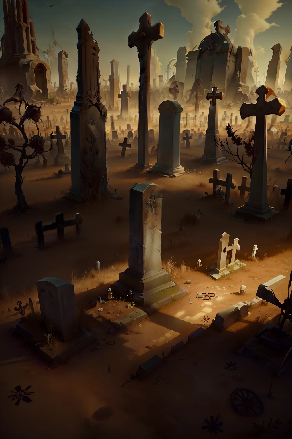 A simple cemetery，Cemetery，Dilapidated，Desolate，Terrifying，weeds，outstanding，3D，