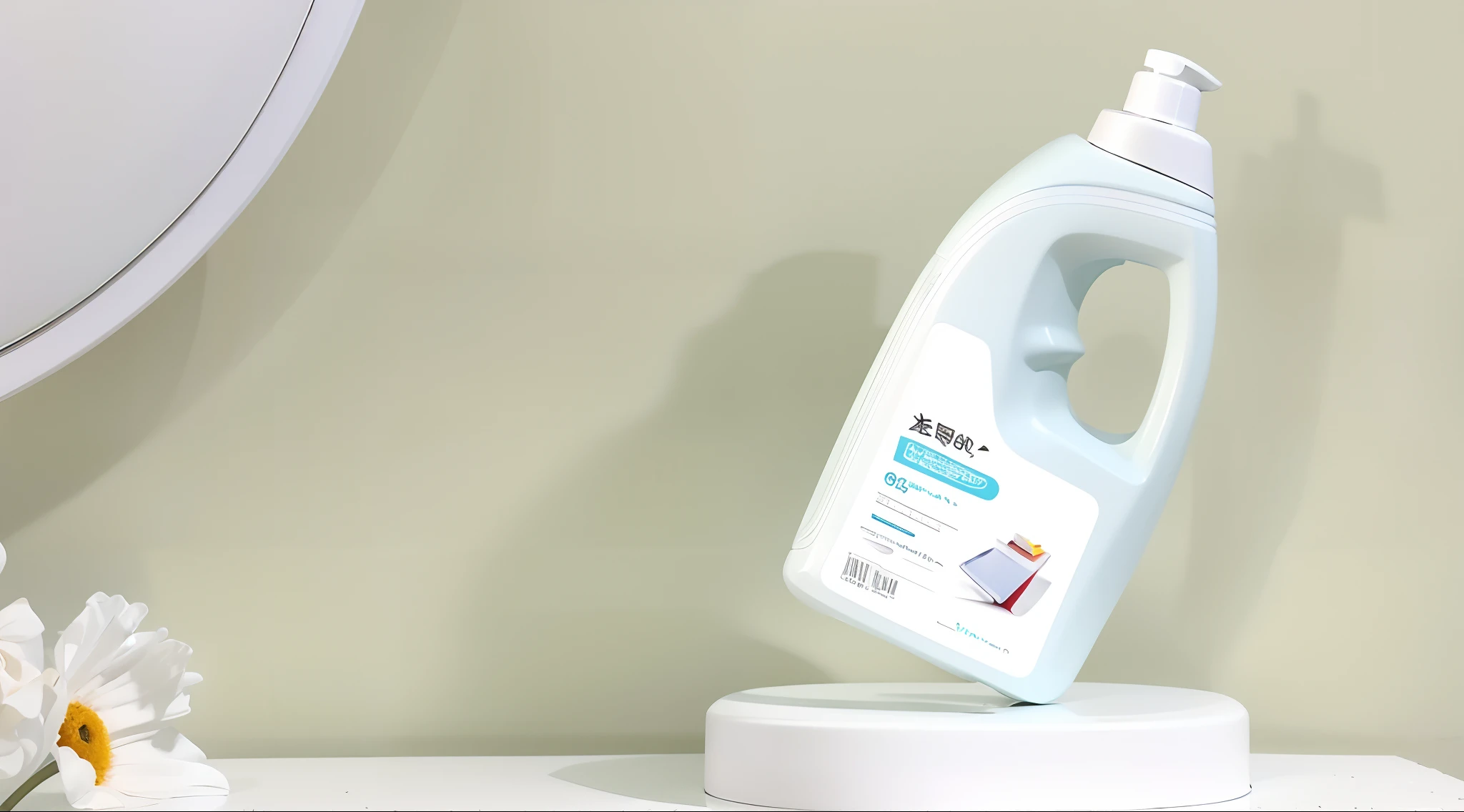 Laundry detergent product design,On the pedestal is placed a vase, 4l, product introduction photos, high quality topical render, 3d product, Product rendering, Detailed picture, 8 l, 8l, product introduction photos, Clean design, product design render, professional product photo, still image, cleanest image,