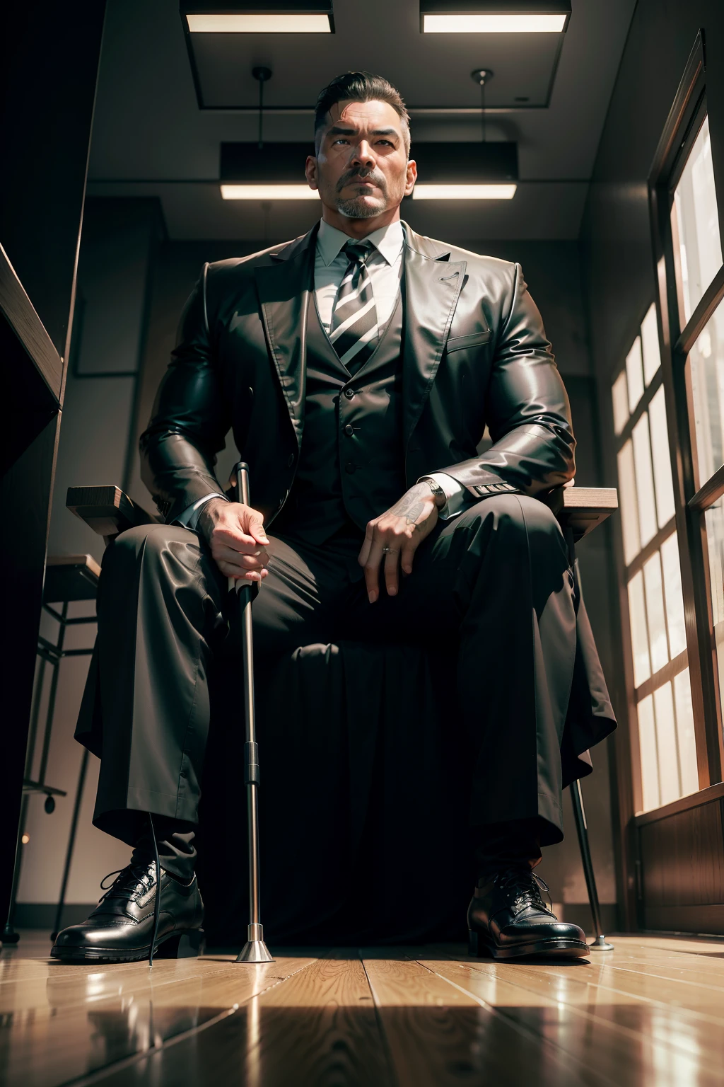45-year-old middle-aged man,Man,uncles,Height 195,Asian people,sitting on a metal throne,God perspective,The eyes are about to face each other,Chinese men,musculature,Lift one foot,Wearing a black and white striped suit,Black and white striped leather pants,red necktie,Wears a long black trench coat,Black socks,long black leather boots,Cord,Ferocious and ferocious,Club background,With crutches in hand
