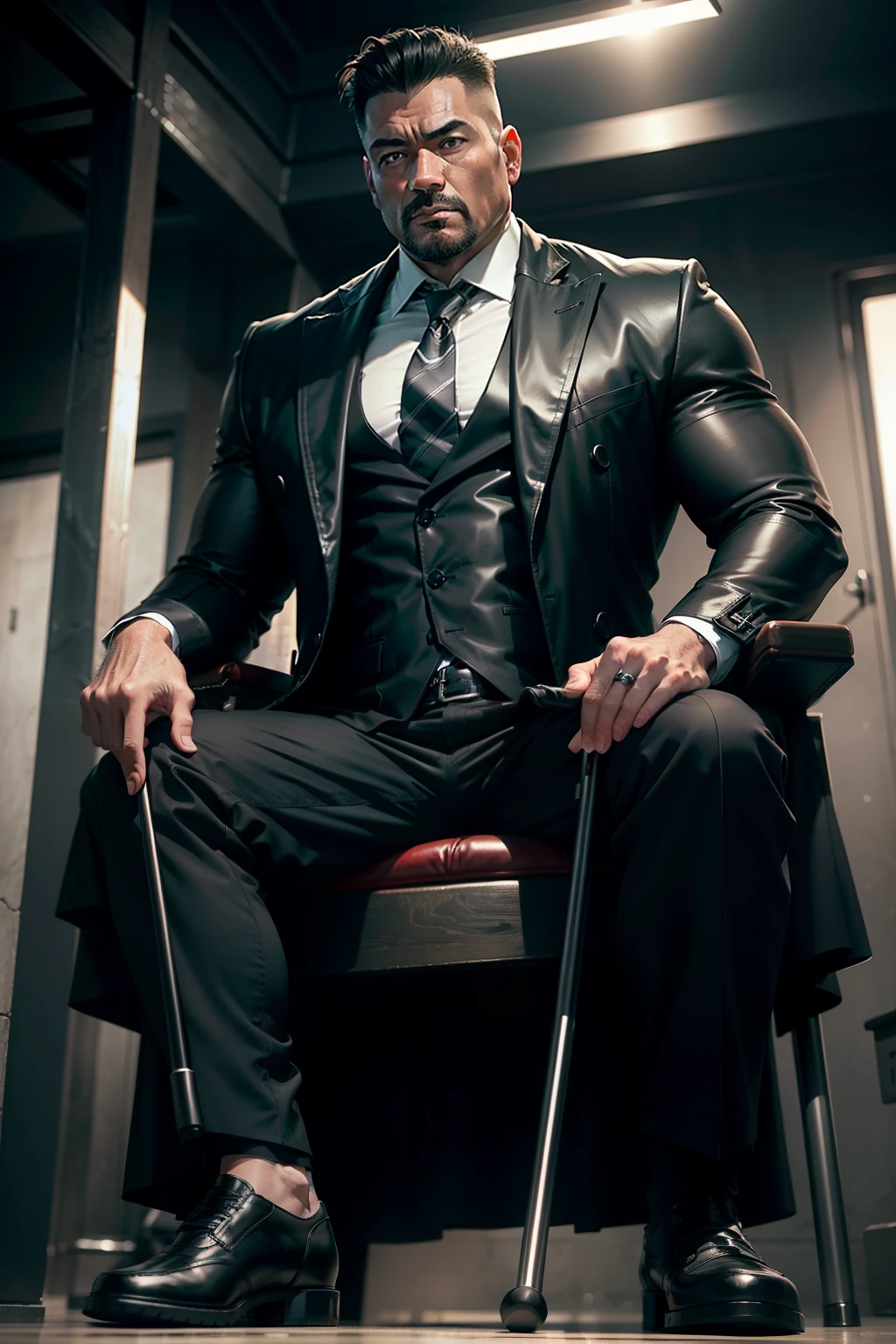 45-year-old middle-aged man，Man，uncles，Height 195，Asian people，sitting on a metal throne，God perspective，The eyes are about to face each other，Chinese men，musculature，Lift one foot，Wearing a black and white striped suit，Black and white striped leather pants，red necktie，Wears a long black trench coat，Black socks，long black leather boots，Cord，Ferocious and ferocious，Club background，With crutches in hand