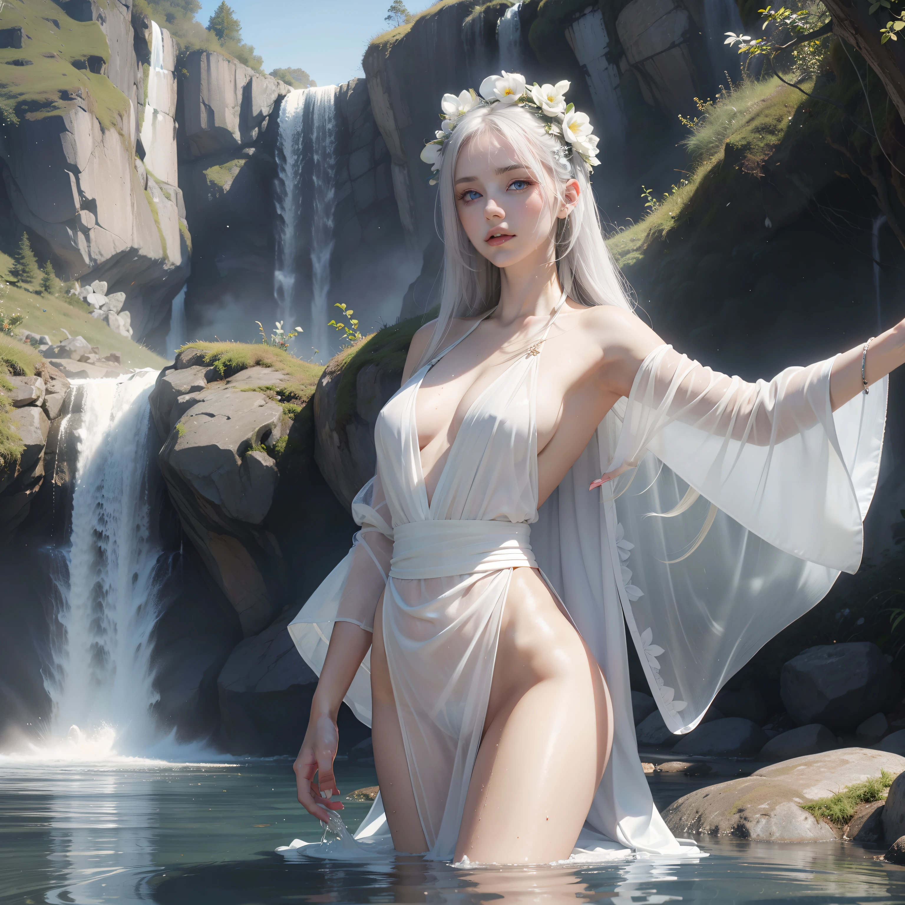 White goddess blue eyes in human shape、beautiful body of a flower of a very attractive age with white pubic hair,,Backward Pose,Washing your hair at a waterfall,Wearing a white see-through robe,Reflection Pose,Point your buttocks at the camera,
