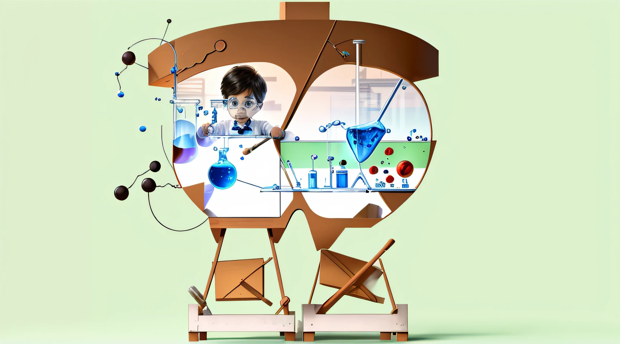 A poster with a blue background，Little boy doing science experiments in science lab