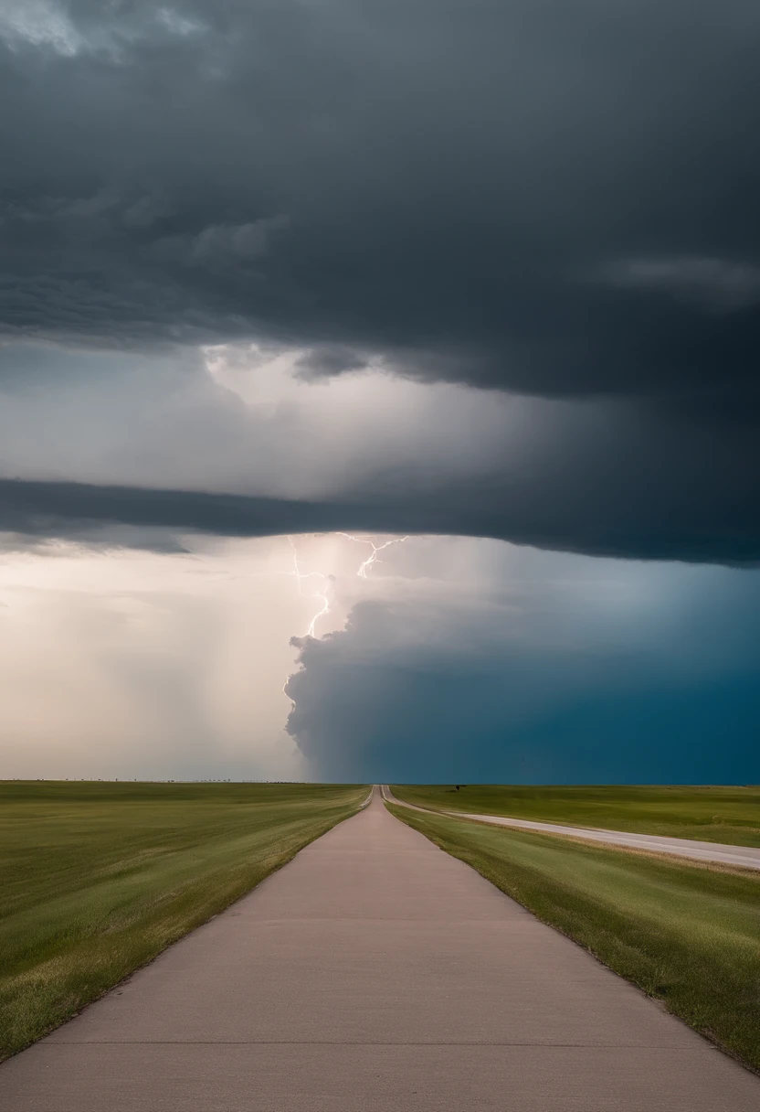 Down Rt. 66 Before the Great Storm, Nostalgic, Annual lighting display, cumulonimbus clouds, voluminetric lighting, Big sky