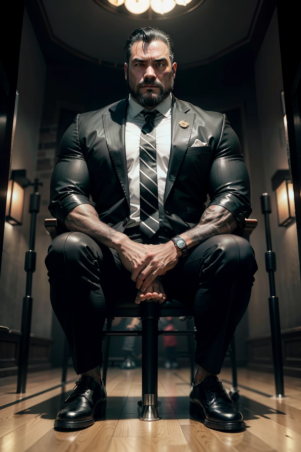 45-year-old middle-aged man，Man，uncles，Height 195，Asian people，sitting on a metal throne，God perspective，The eyes are about to face each other，Chinese men，musculature，Lift one foot，Wearing a black and white striped suit，red necktie，Wears a long black trench coat，Black socks，Black tall leather boots，Cord，Ferocious and ferocious，Club background，With crutches in hand