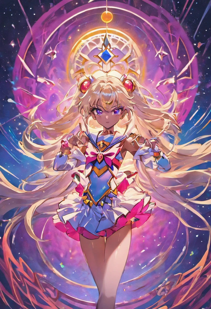 "Create a stunning artwork of a (( Beautiful,Man as hybrid of Sailor Moon with intricate details, vibrant colors, and dynamic poses.)), ((the Man has dark skin , long white hair with Pink streaks ,)) and (( a Skimpy white and Pink Outfit with white shorts that shows his midriff)).incorporate elements of Sailor Moon's iconic outfit, such as the sailor collar and bow, while adding White Rock Shooter unique style and attitude. Show him in a powerful and confident pose, with mesmerizing eyes and flowing hair. Enhance the image with celestial backgrounds, cosmic effects, and a touch of magic. Ensure the artwork is of the highest quality, with exquisite attention to detail and flawless execution."