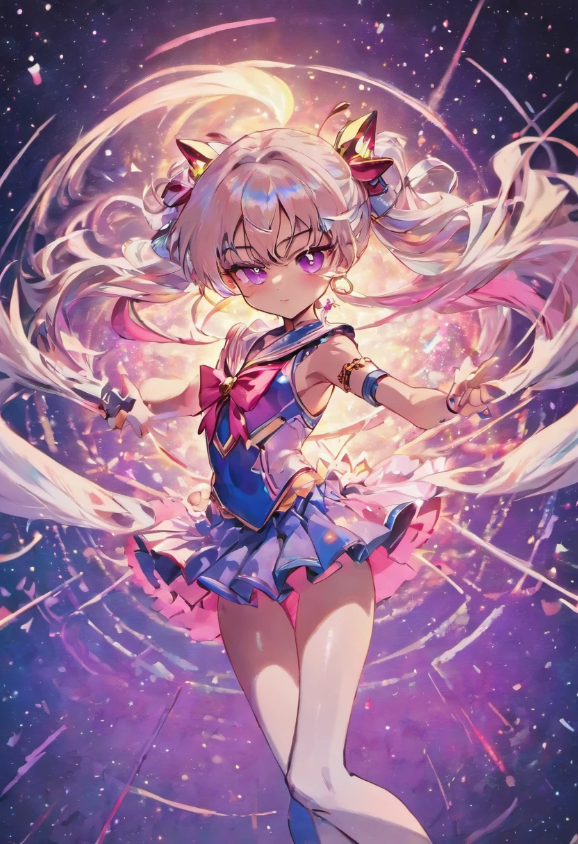 "Create a stunning artwork of a (( Beautiful,Man as hybrid of Sailor Moon with intricate details, vibrant colors, and dynamic poses.)), ((the Man has dark skin , long white hair with Pink streaks ,)) and (( a Skimpy white and Pink Outfit with white shorts that shows his midriff)).incorporate elements of Sailor Moon's iconic outfit, such as the sailor collar and bow, while adding White Rock Shooter unique style and attitude. Show him in a powerful and confident pose, with mesmerizing eyes and flowing hair. Enhance the image with celestial backgrounds, cosmic effects, and a touch of magic. Ensure the artwork is of the highest quality, with exquisite attention to detail and flawless execution."