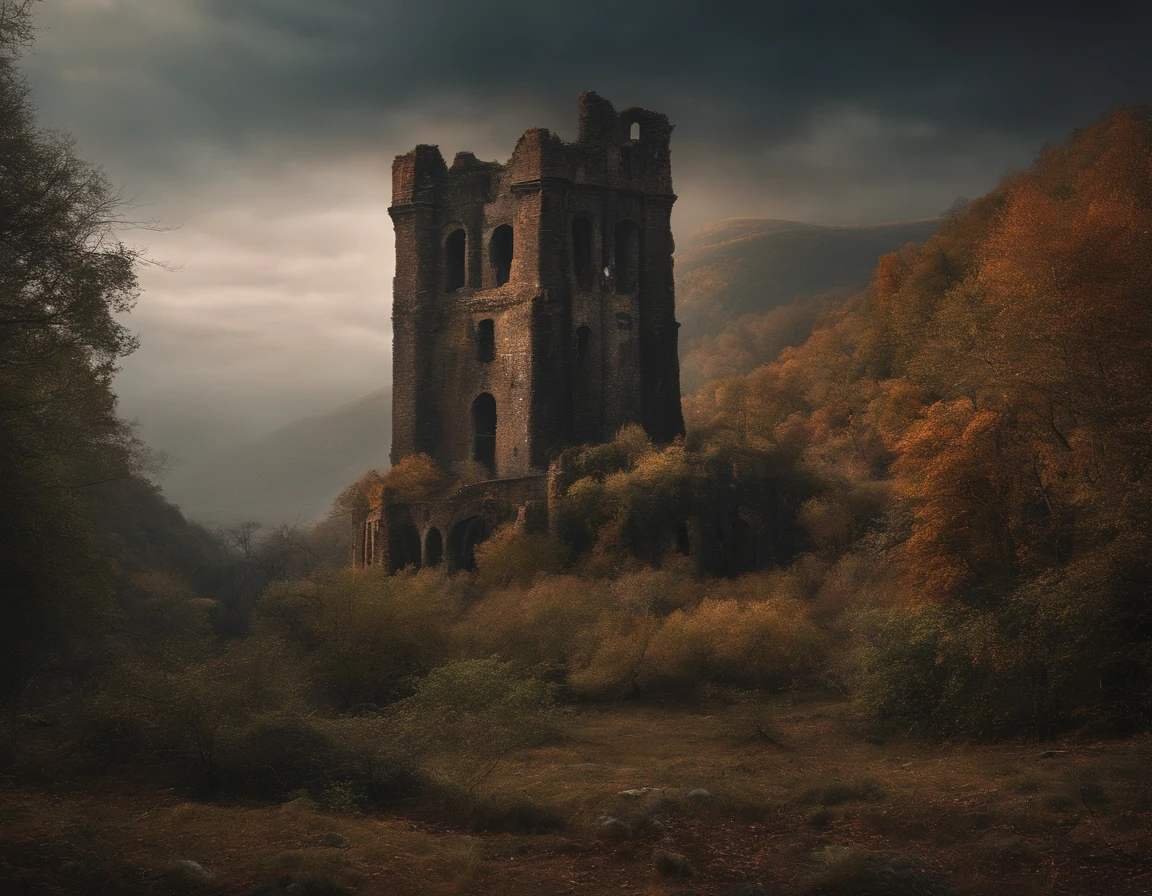 A huge decaying tower in the back、ruins