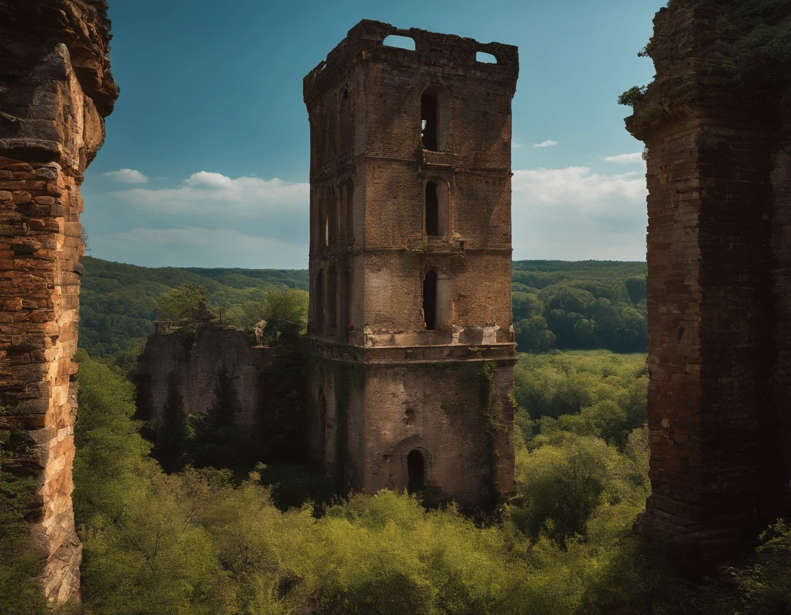 A huge decaying tower in the back、ruins