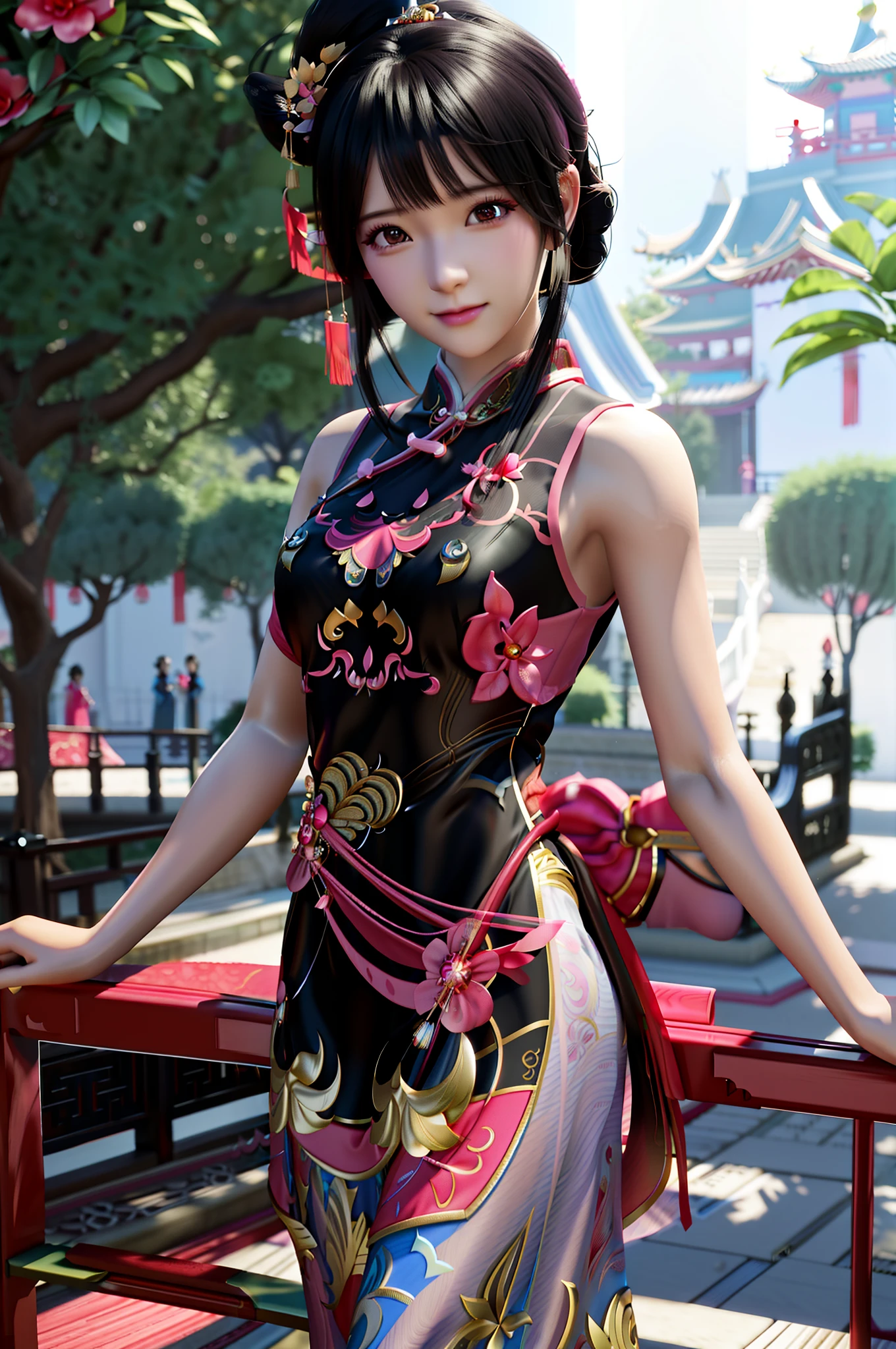 There is a woman in a pink dress posing for a photo, Chinese girl, Chinese dress, Ross Tran 8 K,, Beautiful digital artwork, trending on cgstation, 3 d anime realistic, , photorealistic anime girl rendering, high definition cgsociety