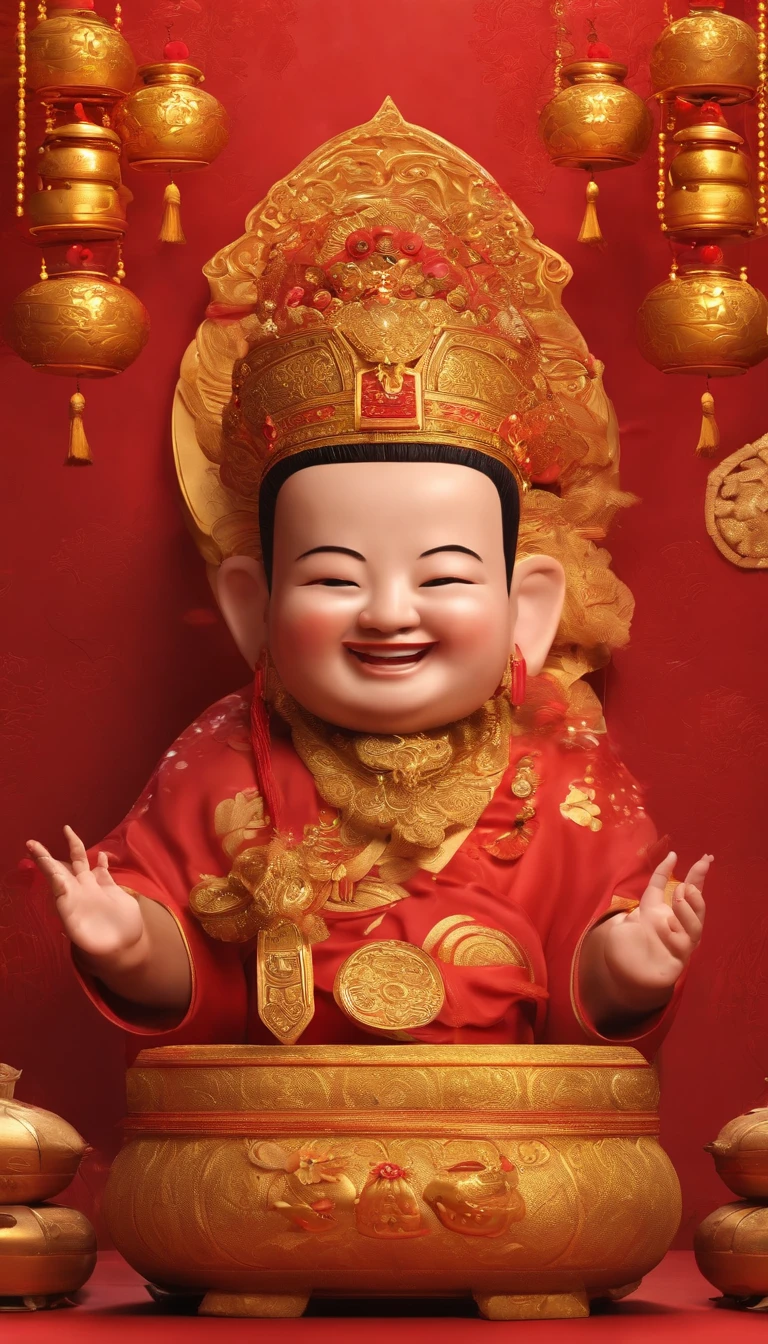 God of Wealth，ssmile，The background is all red envelopes，Red envelope rain，Gold ingots