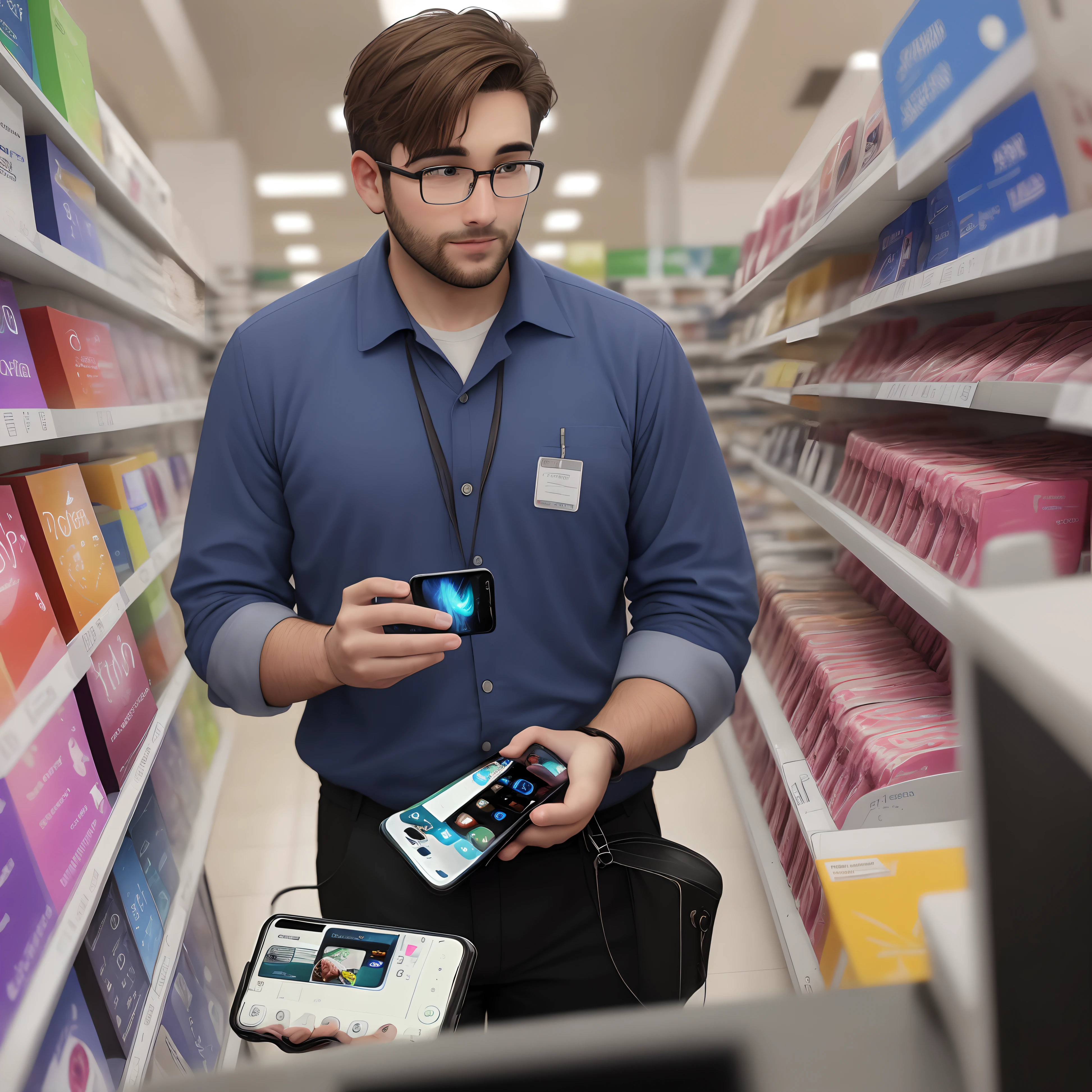 Here's a picture of a 30-year-old man inside a store looking at an iPhone 14 Pro Max:

[Imagem de um homem de 30 anos, bem vestido, With eye Glasses, looking at an iPhone 14 Pro Max in hand. He's inside an electronics store, com prateleiras cheias de produtos ao fundo.]

The man is standing in front of a shelf of iPhones, with an iPhone 14 Pro Max in hand. He's looking at the phone with interest, but also with some doubt. He's holding the phone with both hands., and is using his thumb to swipe across the screen.

The man is white, com cabelos castanhos escuros e olhos castanhos. He's wearing a blue shirt, black pants and dress shoes. It has a clean and well-groomed appearance.

The store is large and well lit. The shelves are full of electronics, incluindo TVs, computadores, Cameras and phones. No fundo da loja, There is a service desk with an employee waiting to serve customers.

The man is in the store to buy a new phone. He's thinking of buying an iPhone 14 Pro Max, But it's not fully decided yet. He's comparing the iPhone to other phones on the market, and is also thinking about your budget.

The man is a business professional, e usa seu telefone para trabalho e lazer. He needs a phone that's fast, efficient and has a good camera. O iPhone 14 Pro Max atende a todas essas necessidades, but it's a bit expensive.

The man is thinking of buying the iPhone 14 Pro Max, But it's still not right. He's going to ask the store clerk for more information about the phone.