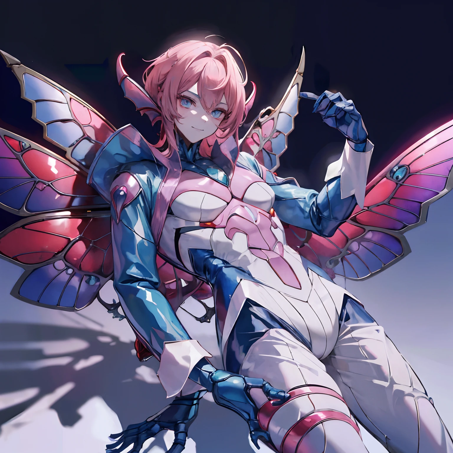Hot, beautiful insect butterfly man, ((Guyver style)), evil smile, scaraber reploid, bellows tail, cel shade adult animation, alien king , Long pink hair,CRAZY EYES,YAMEROYANDERE,SHADED FACE,