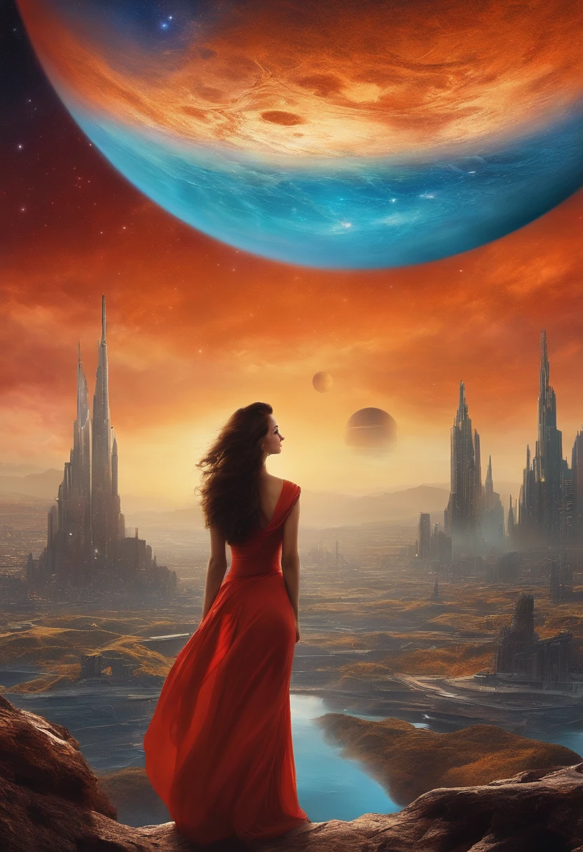 There is a woman standing in front of a painting of a planet, futuristic city in background, psytrance artwork, Interconnected human life forms, panoramic view of girl, Avant-garde rock album cover, dream of the endless, Stardust, milky ways, Stoner Rock - AR 16:9 --V 5.1