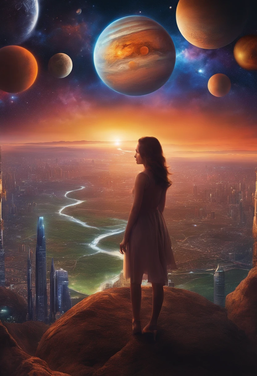 There is a woman standing in front of a painting of a planet, futuristic city in background, psytrance artwork, Interconnected human life forms, panoramic view of girl, Avant-garde rock album cover, dream of the endless, Stardust, milky ways, Stoner Rock - AR 16:9 --V 5.1