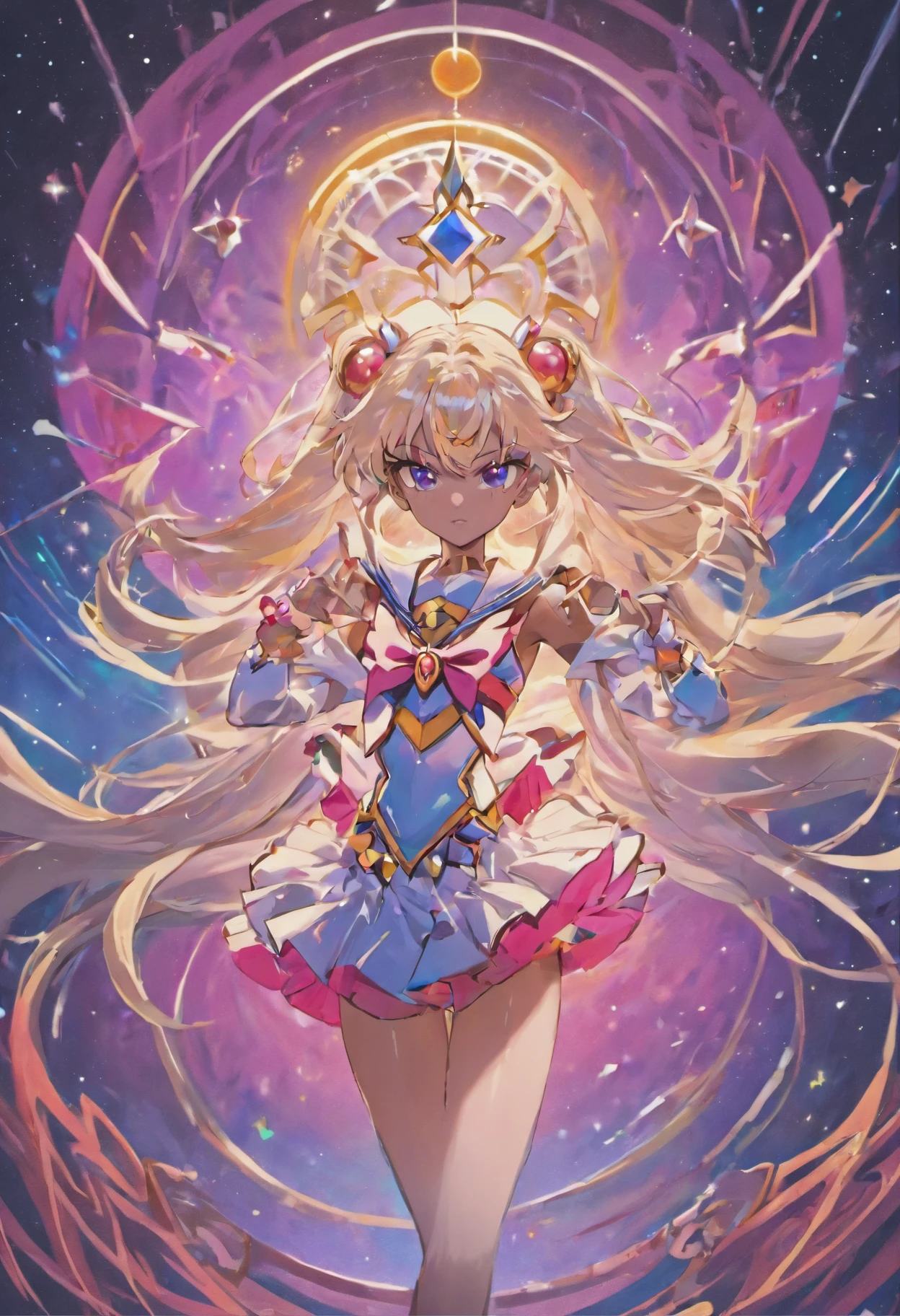 "Create a stunning artwork of a (( Beautiful,Man as hybrid of Sailor Moon with intricate details, vibrant colors, and dynamic poses.)), ((the Man has dark skin , long white hair with Pink streaks ,)) and (( a Skimpy white and Pink Outfit with white shorts that shows his midriff)).incorporate elements of Sailor Moon's iconic outfit, such as the sailor collar and bow, while adding White Rock Shooter unique style and attitude. Show him in a powerful and confident pose, with mesmerizing eyes and flowing hair. Enhance the image with celestial backgrounds, cosmic effects, and a touch of magic. Ensure the artwork is of the highest quality, with exquisite attention to detail and flawless execution."