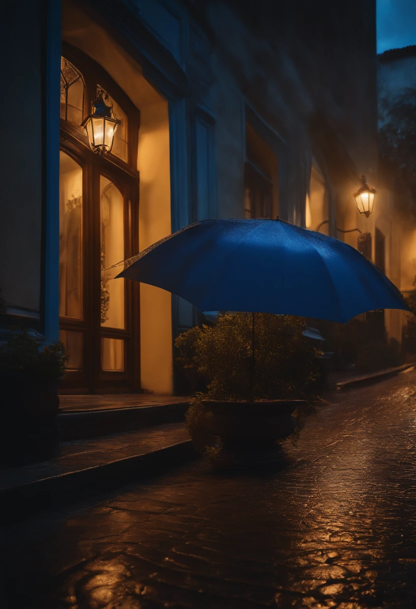 cinematic texture, master part, primoroso, 8K resolution, super detalhado, alta qualidade, Noite, chuva forte, grandes gotas de chuva, prado, a large tree, folhas flutuantes, grama, flores azuis e brancas