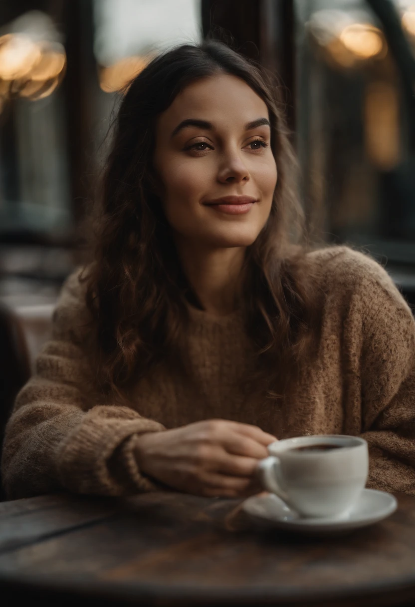 Cute black long straight hair brown eyes round face girl sitting in café drinking coffee in brown sweater, Sunset, A toothy smile without bangs, Holding a poodle puppy in his arms,Bigchest,only in panties