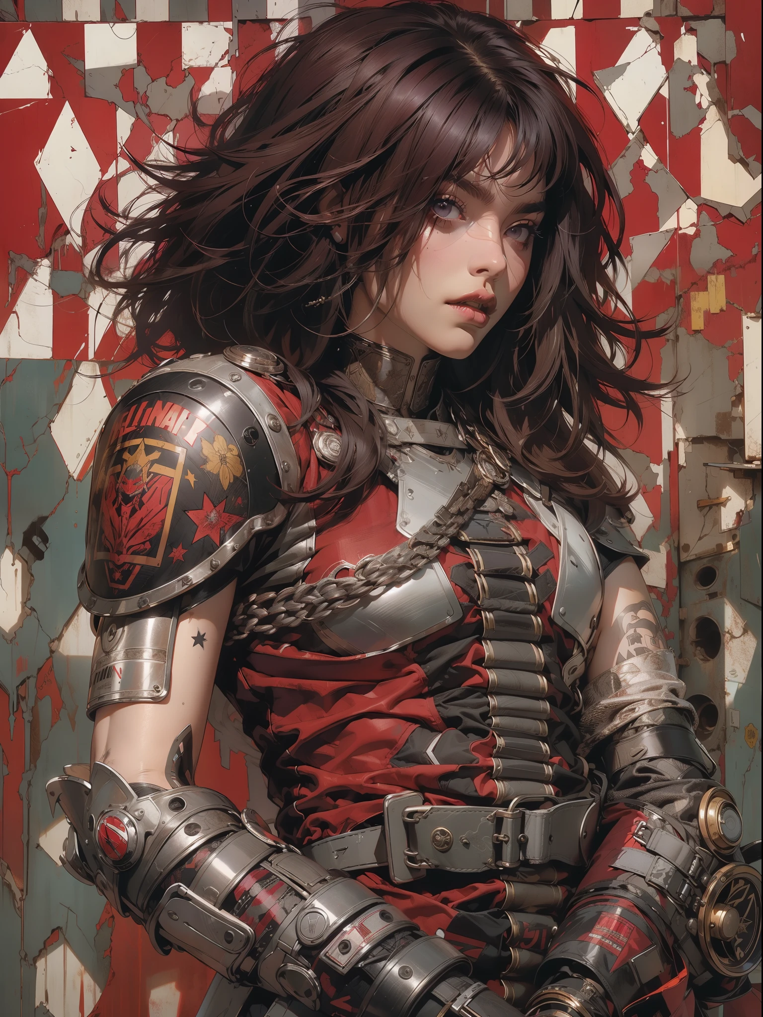 (((mulher))), (((melhor qualidade))), (((obra prima))), (((adulto))), (((1girl))), ((( corte de cabelo bob ))), Uma gladiadora cyberpunk mulher de 25 anos com corpo perfeito, shoulder pads with metal spines, Gladiadores do Brooklyn, (( corte de cabelo bob )), tiny leather panties, camiseta de time de rugby rasgada, quase nua no estilo selvagem urbano de Simon Bisley para a capa da revista Heavy Metal, Cabelo loiro curto, Minimum clothing, Metal protection on the left arm with intricate graphics, Dark red with white stars and black and white checkerboard pattern, armadura, cheio de pontas e rebites, (((do joelho pra cima))), cabelos loiro branco curto, segurando um glaive
