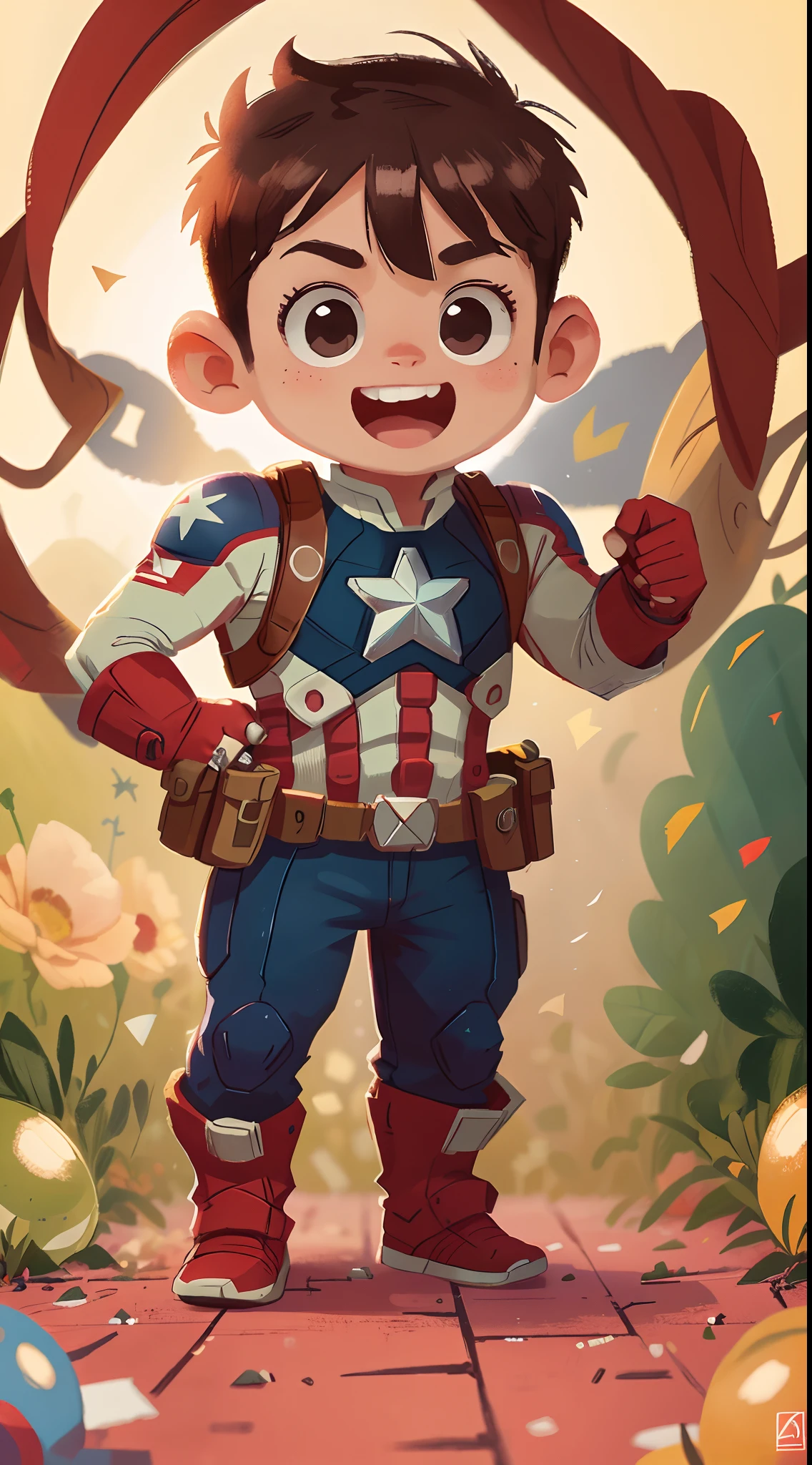 Captain America, perfect quality, clear focus (clutter - home: 0.8), (masterpiece: 1.2) (realistic: 1.2) (bokeh) (best quality) (detailed skin: 1.3) (complex details) (8K) (detail eyes) (sharp focus), (happy) full body, two children, clean background, long view composition, 85MM SHOT
