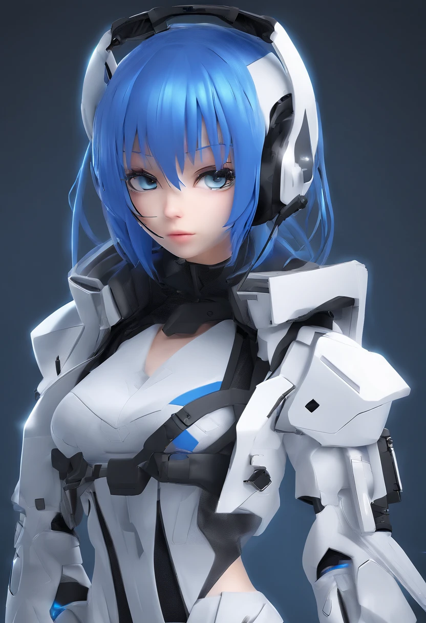 Chibi、Innocence, Deep blue hair, Twin-tailed, arms behind back, White Dress, Black waist tie, girl with,Blue eyes,