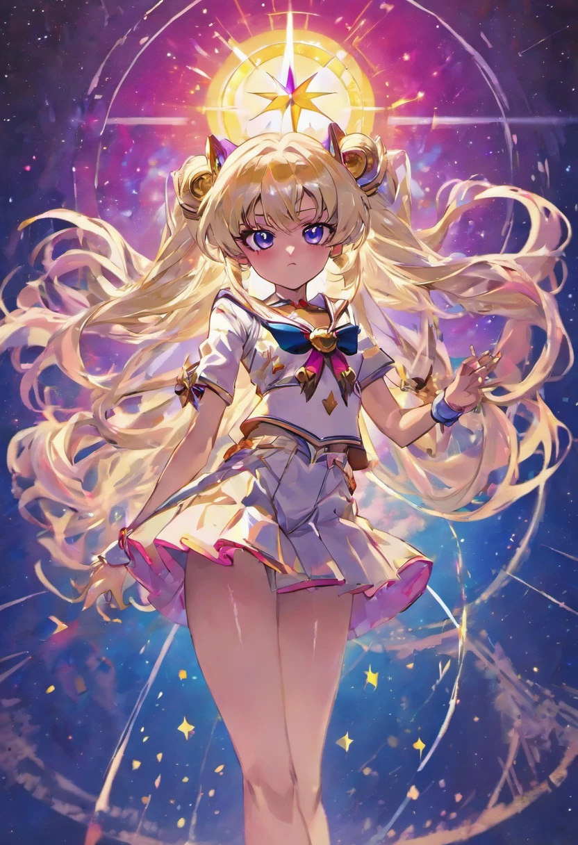 "Create a stunning artwork of a  (( Beautiful,Man as  hybrid of Sailor Moon with intricate details, vibrant colors, and dynamic poses.)),  ((the Man has dark skin , long white hair with Pink streaks ,)) and (( a Skimpy white and Pink Outfit with white  shorts that shows his midriff)).incorporate elements of Sailor Moon's iconic outfit, such as the sailor collar and bow, while adding (black  Rock Shooter unique style and attitude)). Show him in a powerful and confident pose, with mesmerizing eyes and flowing hair. Enhance the image with celestial backgrounds, cosmic effects, and a touch of magic. Ensure the artwork is of the highest quality, with exquisite attention to detail and flawless execution."