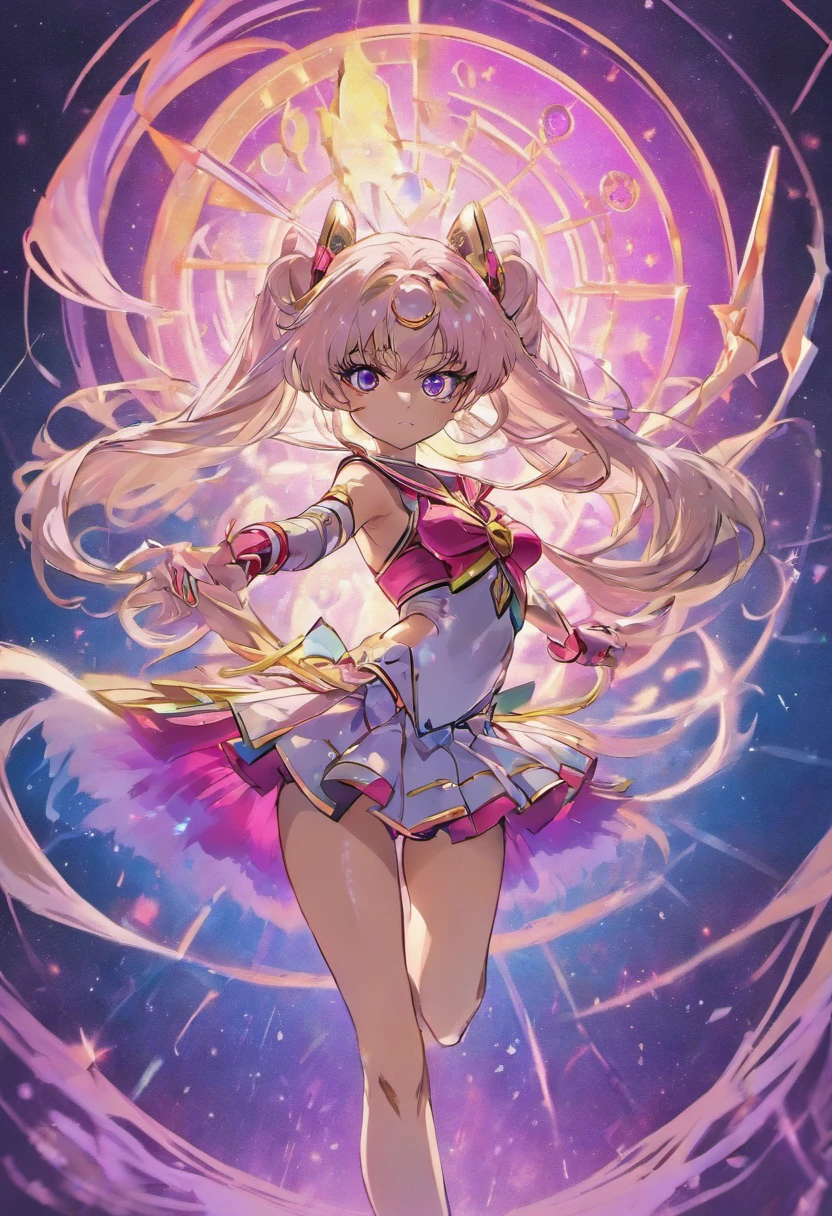 "Create a stunning artwork of a (( Beautiful,Man as hybrid of Sailor Moon with intricate details, vibrant colors, and dynamic poses.)), ((the Man has dark skin , long white hair with Pink streaks ,)) and (( a Skimpy white and Pink Outfit with white shorts that shows his midriff)).incorporate elements of Sailor Moon's iconic outfit, such as the sailor collar and bow, while adding (black Rock Shooter unique style and attitude)). Show him in a powerful and confident pose, with mesmerizing eyes and flowing hair. Enhance the image with celestial backgrounds, cosmic effects, and a touch of magic. Ensure the artwork is of the highest quality, with exquisite attention to detail and flawless execution."