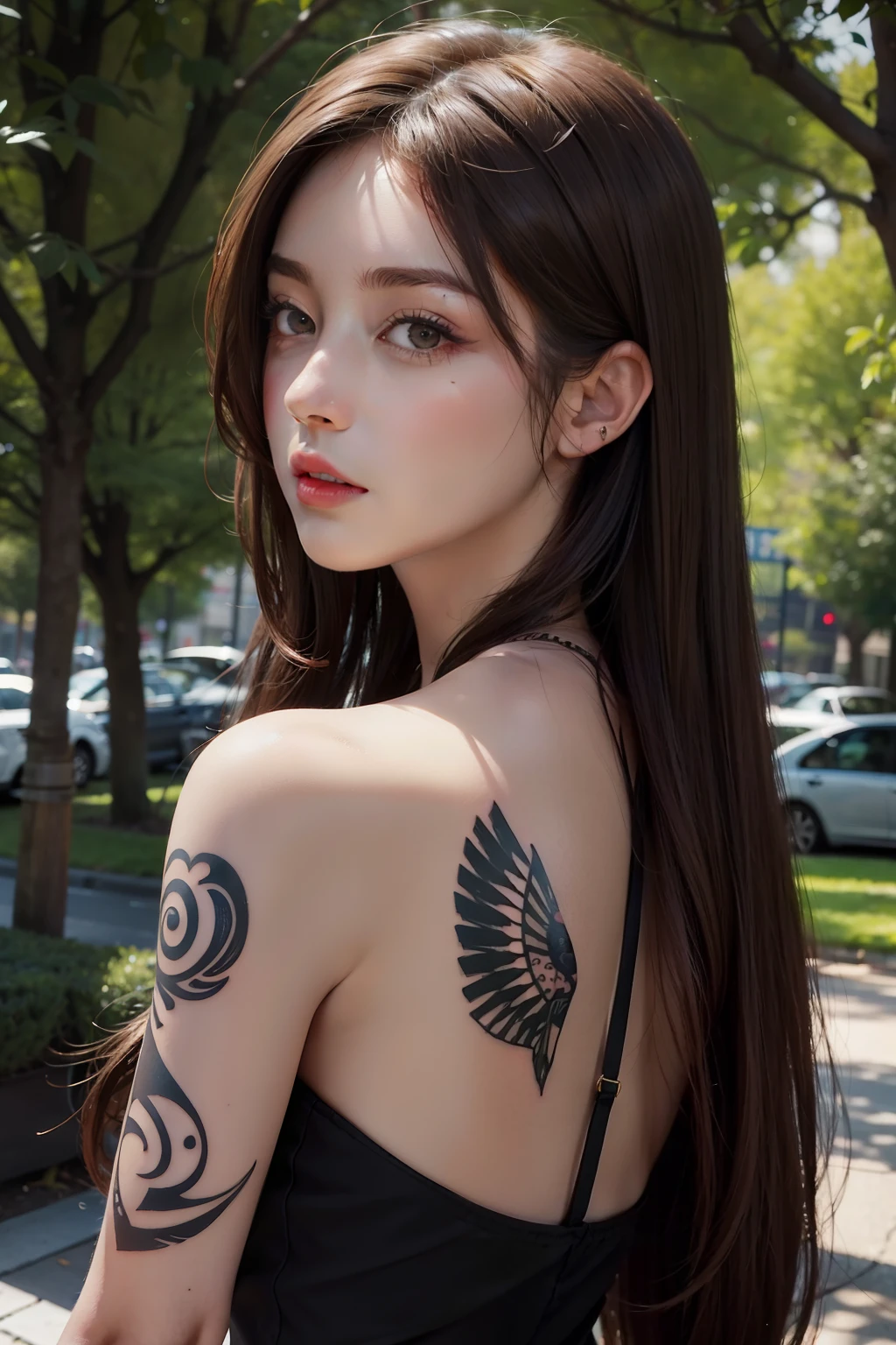 Photorealistic,minimal style,Dress normally,Woman with long brown hair,Tattooed with,parks