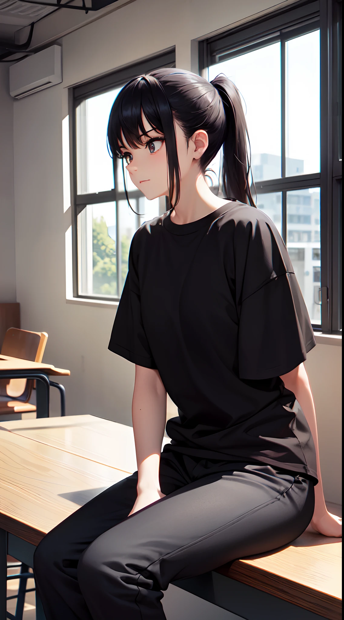 black tshirt, black joggers, baggy pants, grey shoes, black hair, high ponytail, dark brown eyes, in a college class , sitting on seat, class room, windows, fans, whiteboard, writting, looking down, working , shinny hair, shinny eyes, sun lighting, rim lights, sparkles, shinny eyes, perfect hands, perfect detailed face, detailed background,side view, solo, bloom,cool, bright colours, shinny , 2 arms,side lighting, solo,single person, masterpiece, high quality
