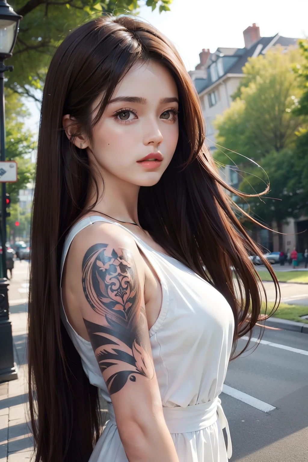 Photorealistic，minimal style，Dress normally，Woman with long brown hair，Tattooed with，parks