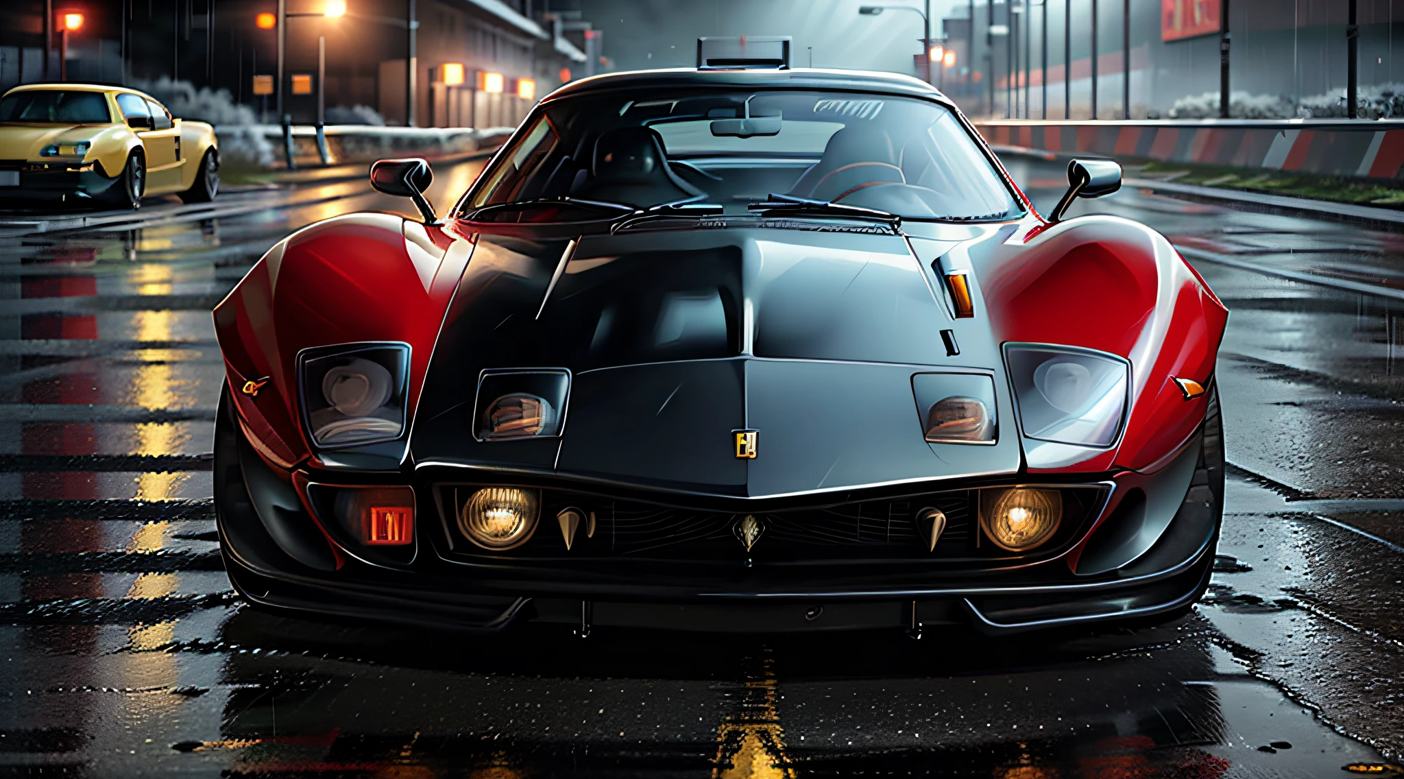 ferrari 280 gto red sports car parked on a wet street in the rain, red sports car 80s, highly detailed Hyper Real Retro, Art Deco overcomes anime aesthestic, octane cgsociety, Daniel Maidman octane rendering, miura kentaro style, outrun art style, panther ((countach)), inspired by Kentaro Miura