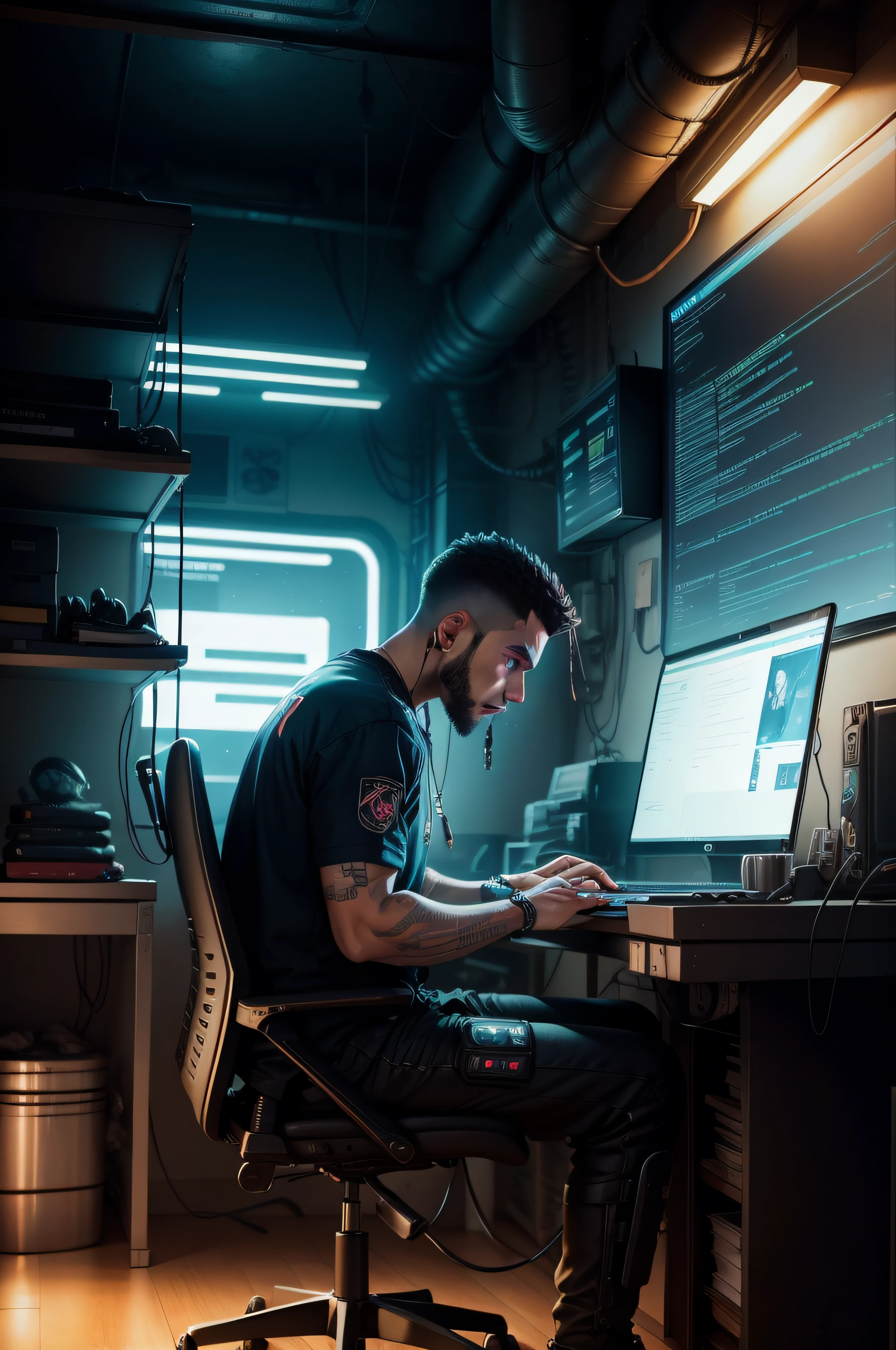 um  em uma sala cyberpunk trabalhando em Laptop
