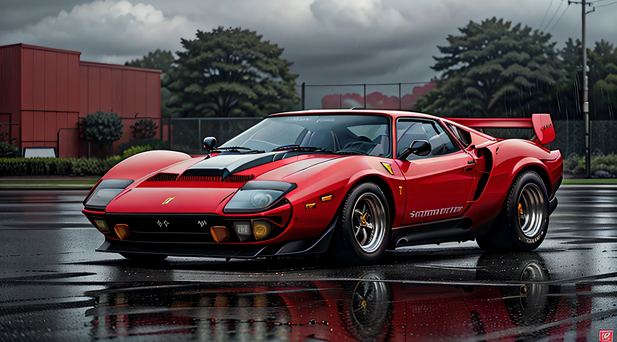 ferrari 280 gto red sports car parked on a wet street in the rain, red sports car 80s, highly detailed Hyper Real Retro, Art Deco overcomes anime aesthestic, octane cgsociety, Daniel Maidman octane rendering, miura kentaro style, outrun art style, panther ((countach)), inspired by Kentaro Miura