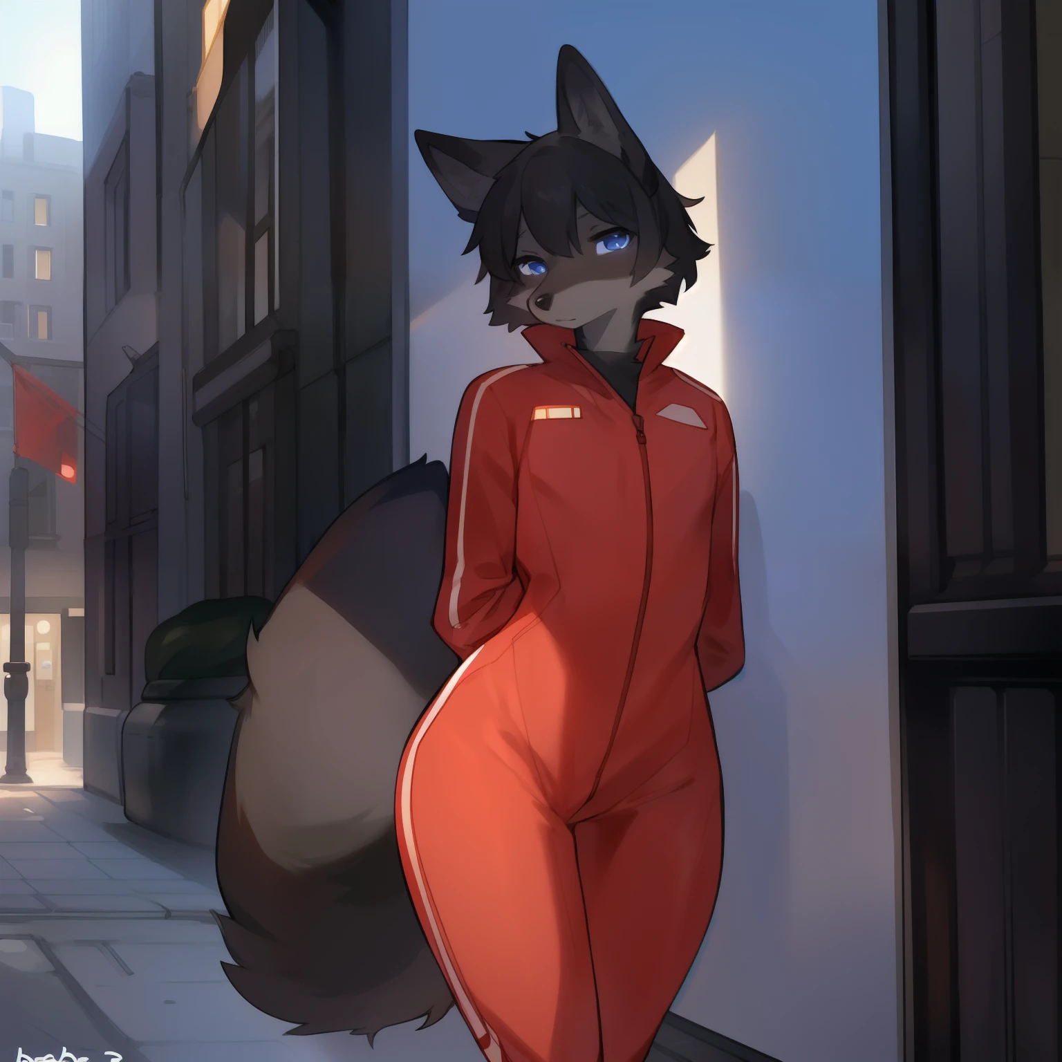 Solo, male, standing, ((black fox, snout, by bebebebebe)), by spuydjeks, medium hair, black hair, black fur, canine, slim, small waist, wide hips, street, indigo eyes, hands behind back, one tail, red military spacesuit