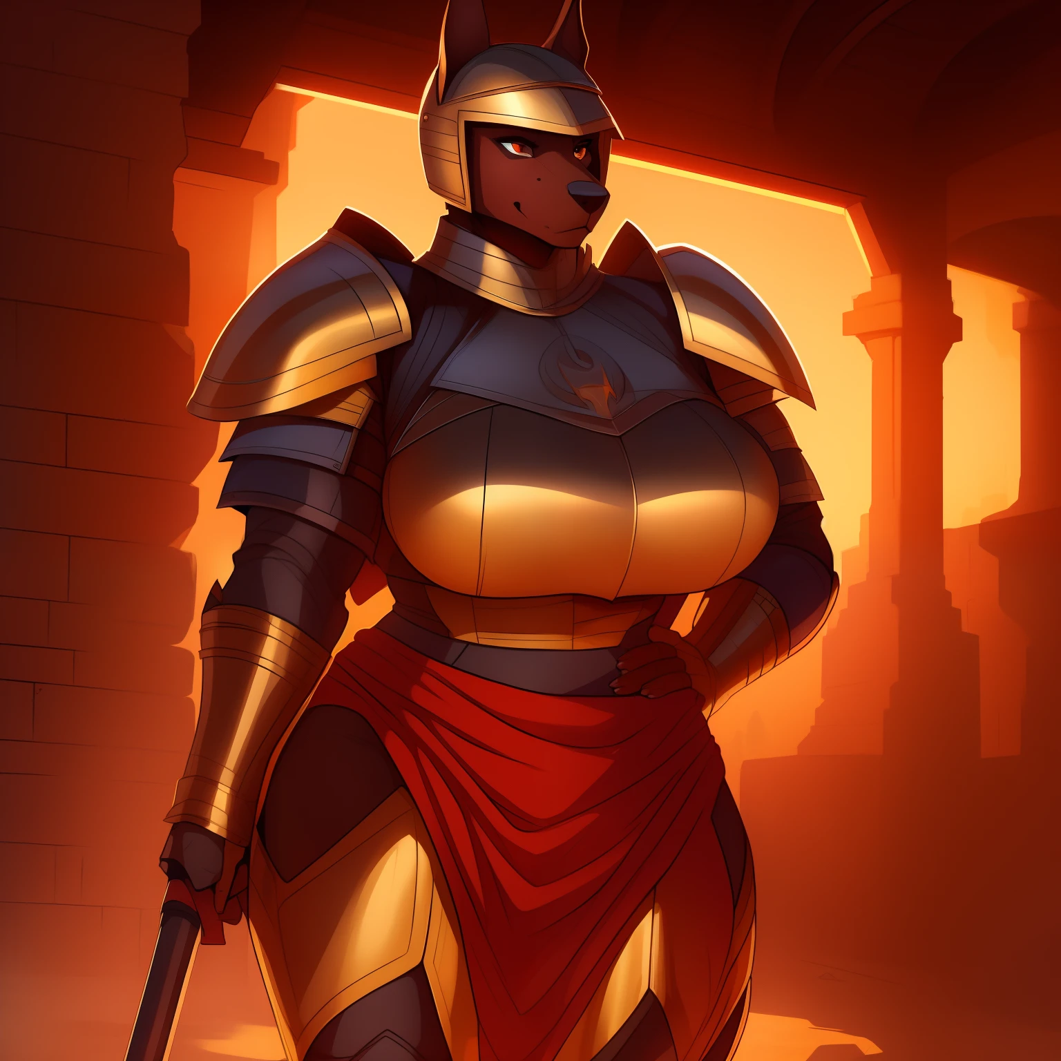 Very_muscular_mature_doberman female dark_brown_two-tone_furry_body brown_eyes milf heavy_plate_armor heavy_helmet large_mace misty_breath solo Masterpiece best_quality absurdres highly_detailed cleanly_drawn_eyes anthro_only large_breasts by_claweddrip, by_greasymojo, by_underscore-b, by_runawaystride