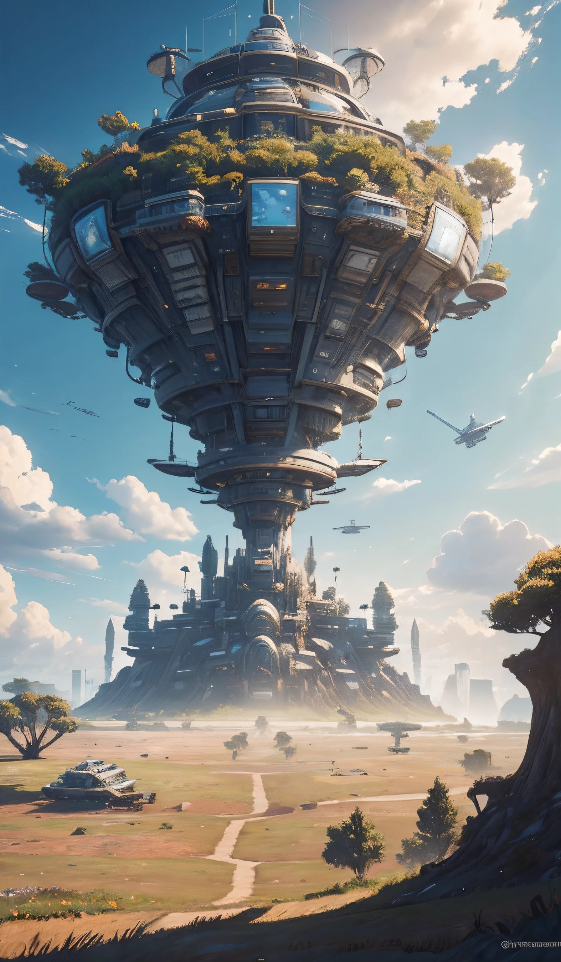 Masterpiece, Best quality, greg rutkovsky, scenery, sky, Cloud, day, Outdoors, tree, arma, Planes, Airship, Blue sky, fantasy, Grass, Works of art from Horizon Zero Dawn , Very detailed, high resolution, Sharp, Sharp Images, 4K, 8K,