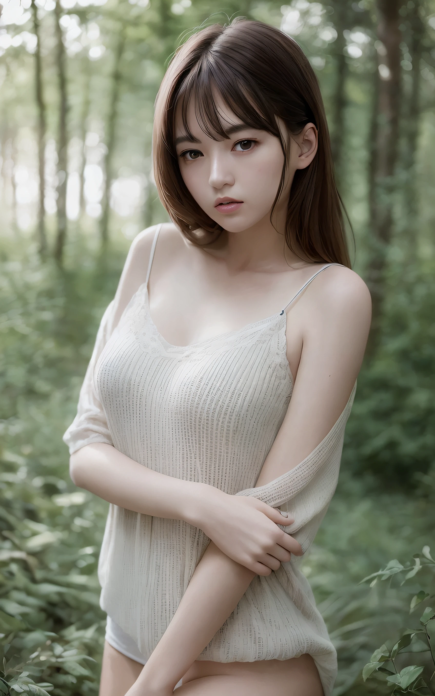 ((The highest image quality, 8K, masterpiece:1.3)), (Photo Real:1.4), (hyper realisitic:1.4), (realisitic:1.3), Soft light, Professional Lighting, close-up, 1 beautiful girl、22 years old, Neat and clean beauty, Cute:1.3, Girly, Looking away, Realistic face, Brown hair, Beautiful bob hairstyle, Detailed eyes, A slight smile, turn pale, forest,