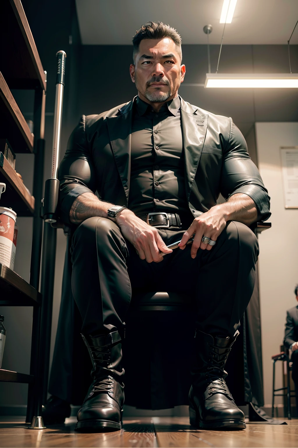 45-year-old middle-aged man,Man,uncles,Height 195,Asian people,sitting on a metal throne,God perspective,The eyes are about to face each other,Chinese men,musculature,Lift one foot,Wears a long black trench coat,Black socks,Black tall equestrian boots,Equestrian boots,Wear riding boots,Cord,Ferocious and ferocious,Club background,With crutches in hand