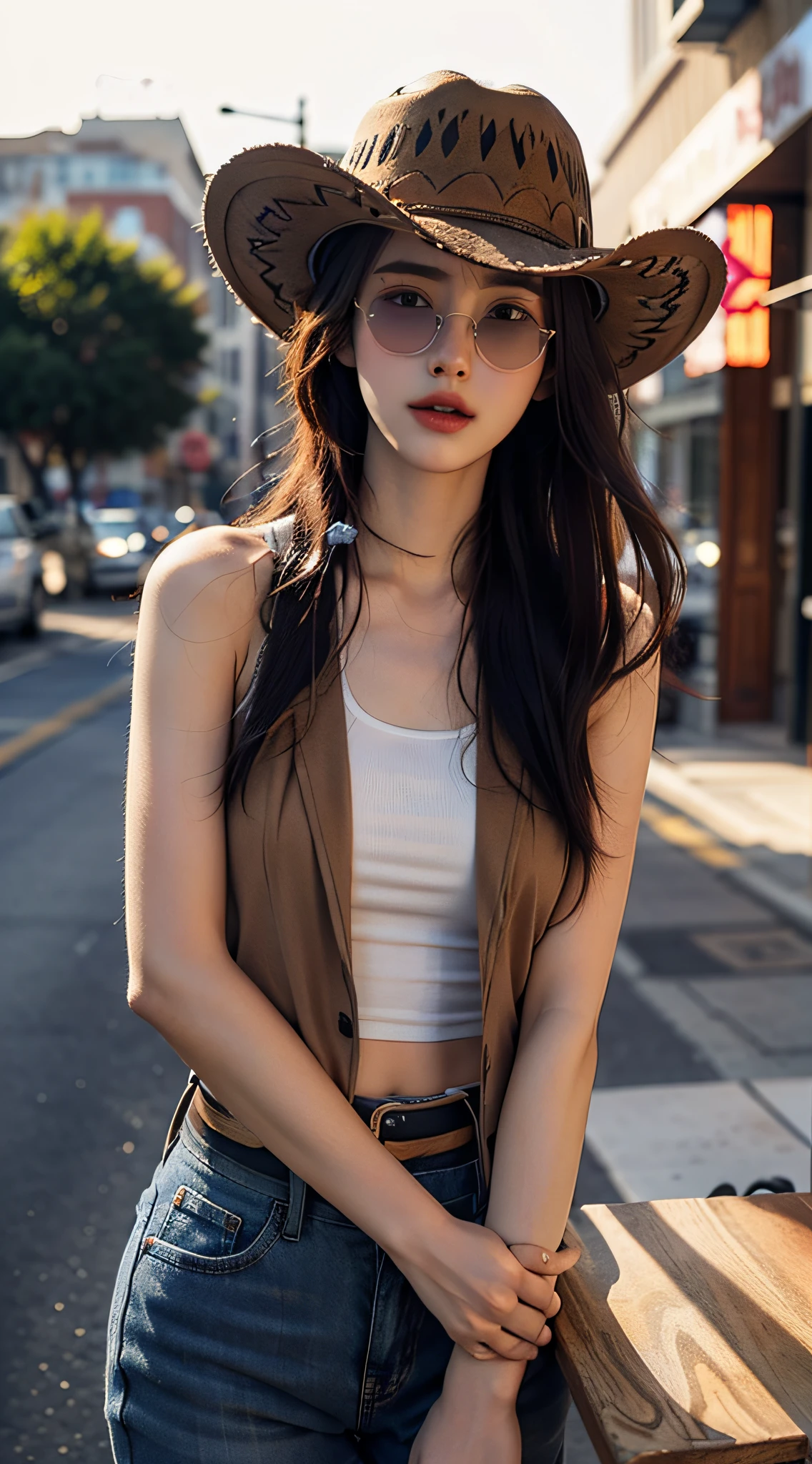 4K Ultra HD, Best quality, A girl, Good face, sun glasses, Detailed lips, Long hair, Straight hair, Wear denim, Cowboy hat, Blurred background, Relaxed atmosphere, Full body capture,