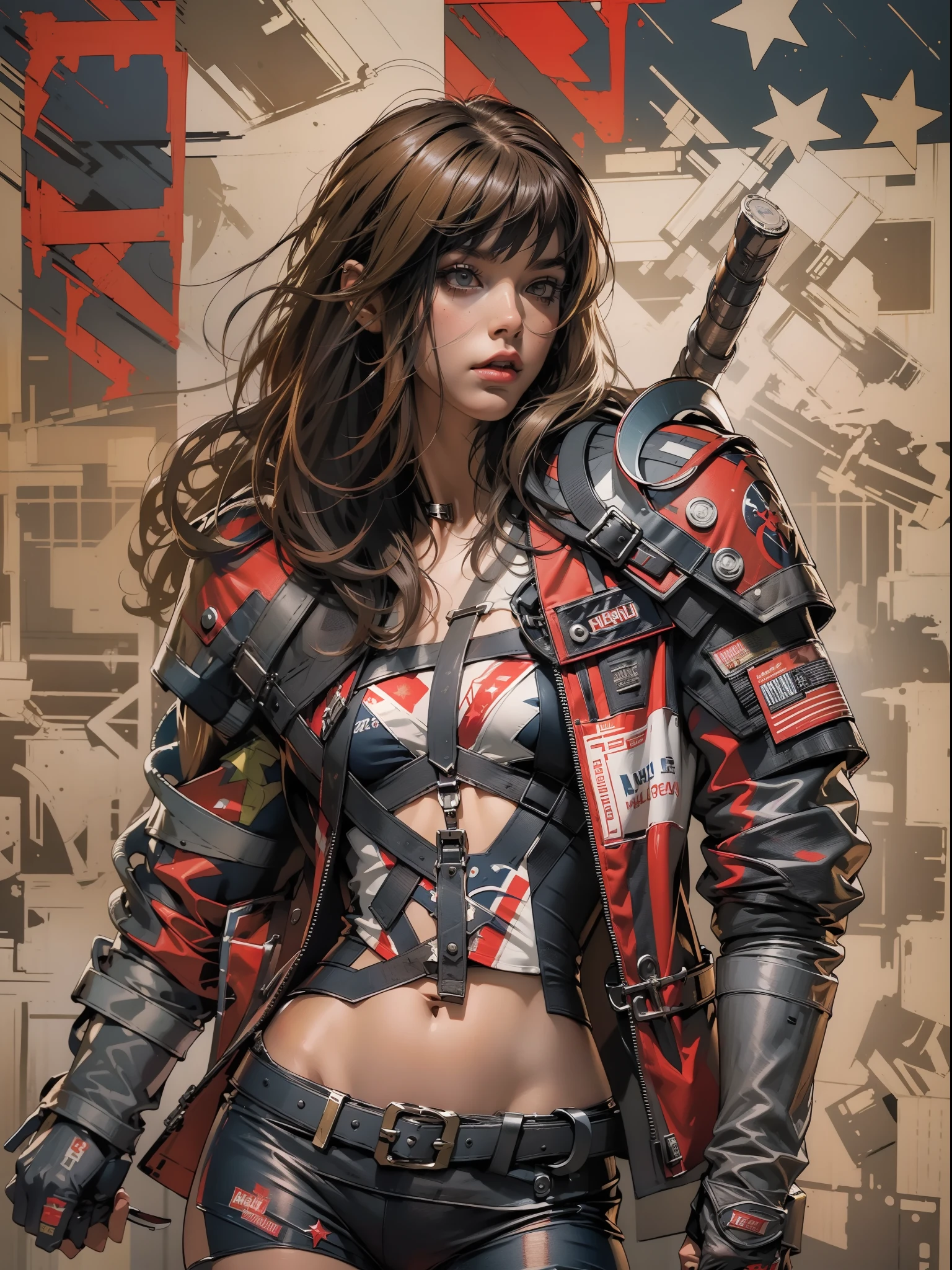 (((mulher))), (((melhor qualidade))), (((obra prima))), (((adulto))), (((1girl))), ((( corte de cabelo bob ))), Uma gladiadora cyberpunk mulher de 25 anos com corpo perfeito, shoulder pads with metal spines, Gladiadores do Brooklyn, (( corte de cabelo bob )), tiny leather panties, camiseta de time de rugby rasgada, quase nua no estilo selvagem urbano de Simon Bisley para a capa da revista Heavy Metal, Cabelo loiro curto, Minimum clothing, Metal protection on the left arm with intricate graphics, Dark red with white stars and white and navy blue checkerboard pattern, armadura, cheio de pontas e rebites, (((do joelho pra cima))), cabelos loiro branco curto, no fundo uma parede pintada por Shepard Fairey com um design intrincado