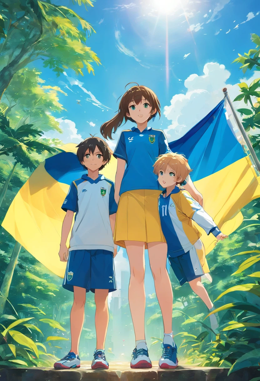 Menino e menina, Bandeira do Brazil, Blue circle, faixa amarela, capa de livro, childrens, Brasil, Brasil, futeBol, camisa do Brasil. Amazon Rainforest, arara azul. BRAZÃO Brazilian National Team.