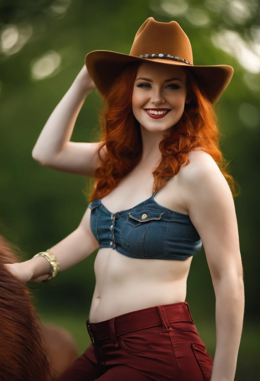 18,beautiful woman,redhead,pale skin,pawg,big booty,cowboy hat,smile