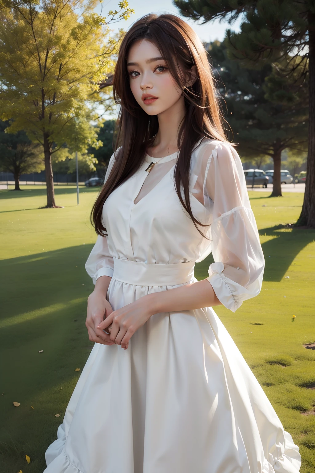 Photorealistic,minimal style,Dress normally,Woman with long brown hair,parks