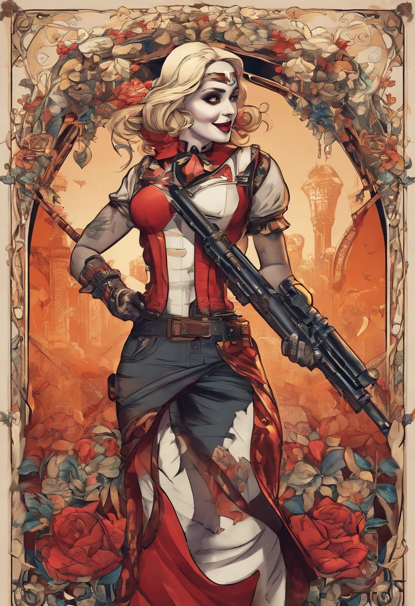 Son of Harley Quinn “Harvey Quinn” holding a huge gun, extremely detailed, beat quality, masterpiece, unreal engine 5, realistic, uhd