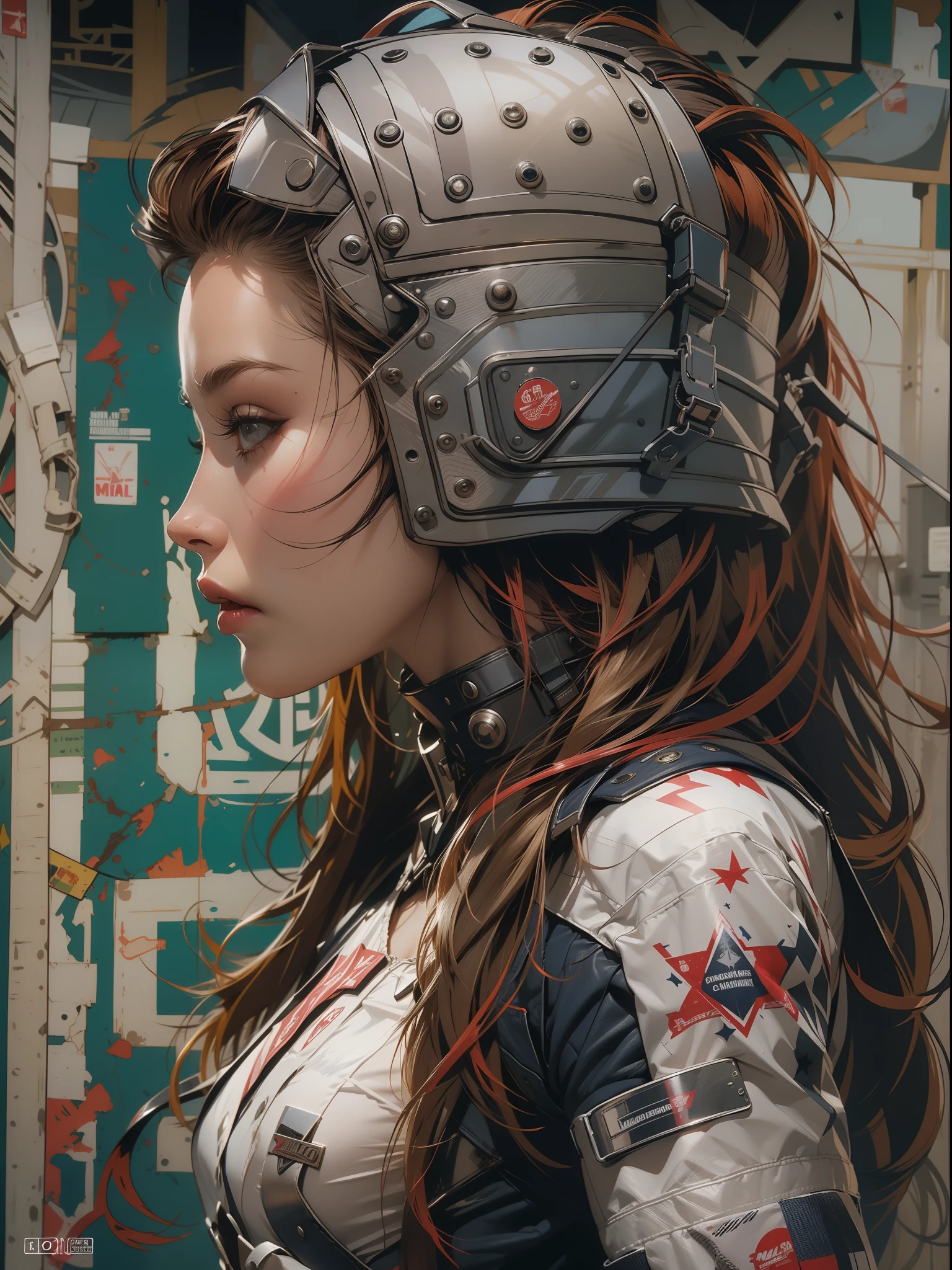 (((mulher))), (((melhor qualidade))), (((obra prima))), (((adulto))), (((1girl))), ((( corte de cabelo bob ))), Uma gladiadora cyberpunk mulher de 25 anos com corpo perfeito, shoulder pads with metal spines, Gladiadores do Brooklyn, (( corte de cabelo bob )), tiny leather panties, camiseta de time de rugby rasgada, quase nua no estilo selvagem urbano de Simon Bisley para a capa da revista Heavy Metal, Cabelo loiro curto, Minimum clothing, Metal protection on the left arm with intricate graphics, Dark red with white stars and white and navy blue checkerboard pattern, armadura, cheio de pontas e rebites, (((do joelho pra cima))), cabelos loiro branco curto, no fundo uma parede pintada por Shepard Fairey com um design intrincado