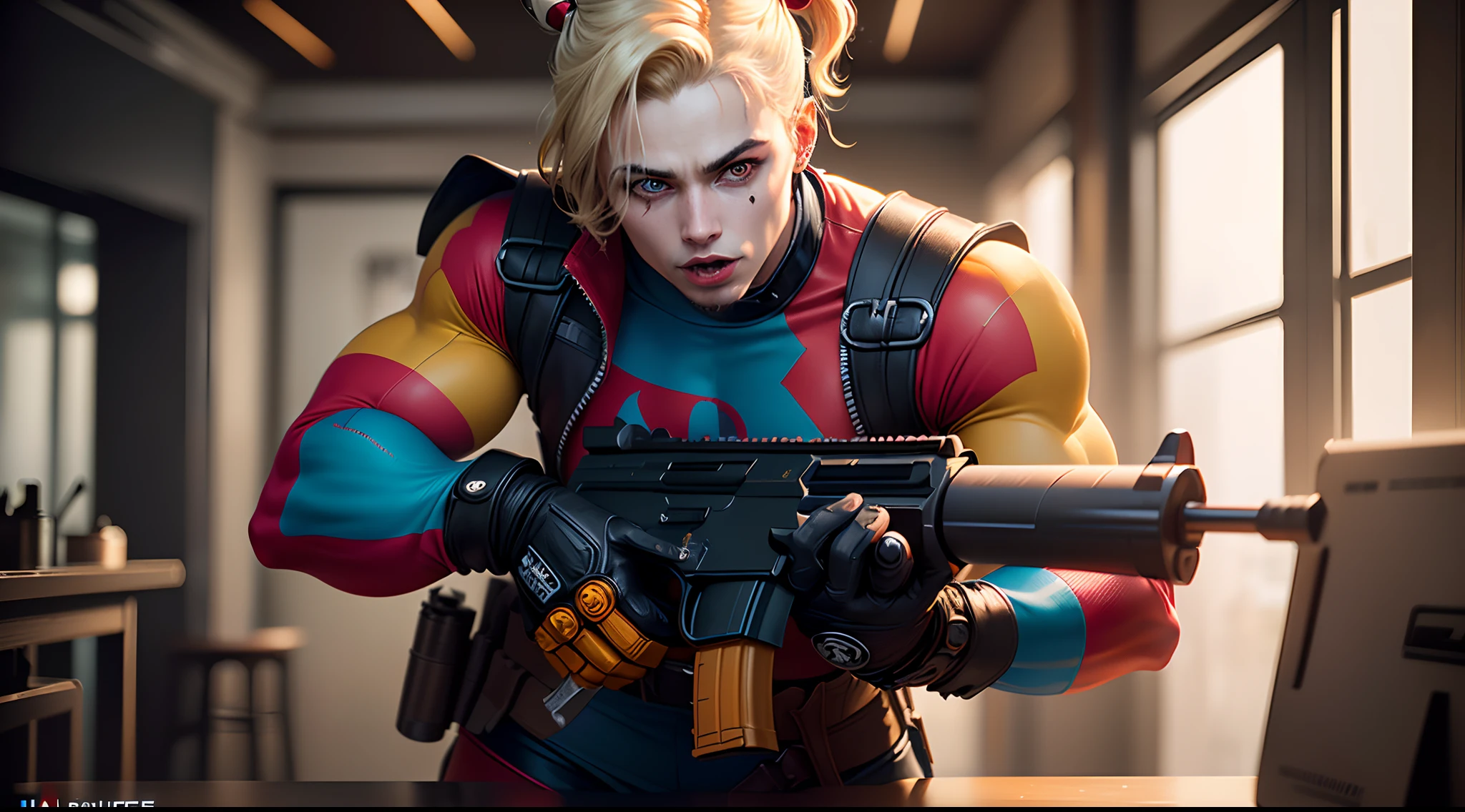 Son of Harley Quinn “Harvey Quinn” holding a huge gun, extremely detailed, beat quality, masterpiece, unreal engine 5, realistic, uhd