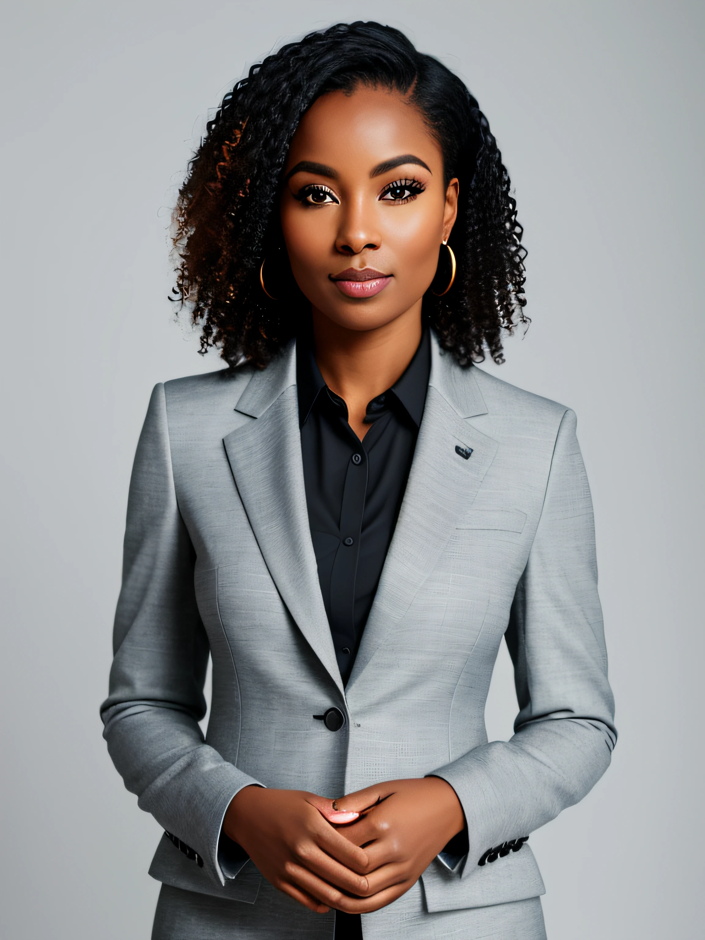 portrait, smart, confident, Inspirational, woman of black origin, fair skin, heterochromatic eyes, (skin texture), skin pores, shallow depth of field, sharp eye focus, backlit, tapered nose, standing, full body, news anchor room，Thin, woman suit, standing, full body, fortitude, tmasterpiece, professional photo