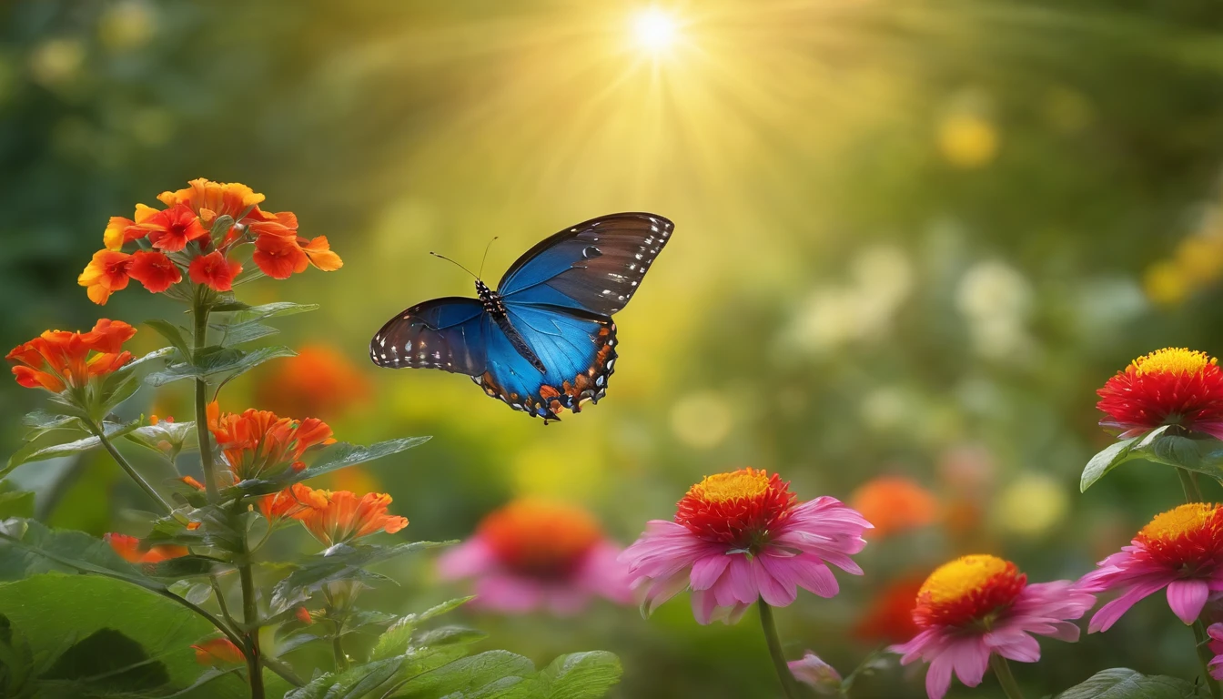 best quality,4k,8k,highres,masterpiece:1.2,ultra-detailed,realistic:1.37,colorful butterflies,blooming flowers,sunlit garden,beautiful garden scene,lush greenery,vibrant colors,fluttering wings,delicate petals,sunshine filtering through the trees,serene and peaceful atmosphere,gorgeous yellow and red flowers,playful butterflies dancing in the air,exquisite details of the butterfly wings,soft sunlight illuminating the garden,enchanting summer day,whispering breeze,tranquil and blissful moment,meticulously painted flora and fauna,stunning nature backdrop,meticulous attention to detail,impressive clarity and sharpness of the image,natural and lifelike colors,artistic portrayal of the garden,private botanical sanctuary,serenity and beauty intertwined,rich and vibrant color palette,epitome of natural beauty,impressive depth and texture.